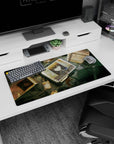 Steel-eyed anime girl staring from cracked monitor on mouse pad 32x16 inches, neat uniform in a sci-fi lab.