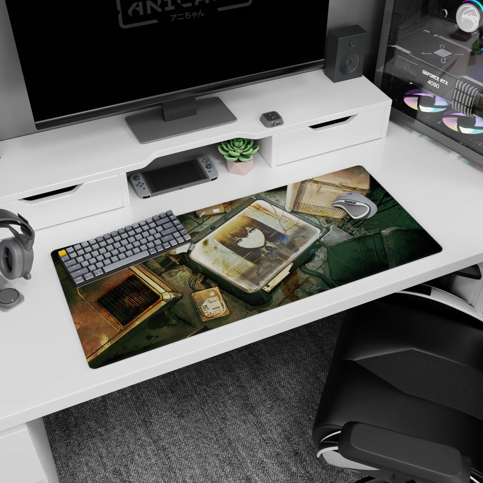 Steel-eyed anime girl on cracked screen desk pad 36x16 inches, neat tie and uniform in worn lab scene.