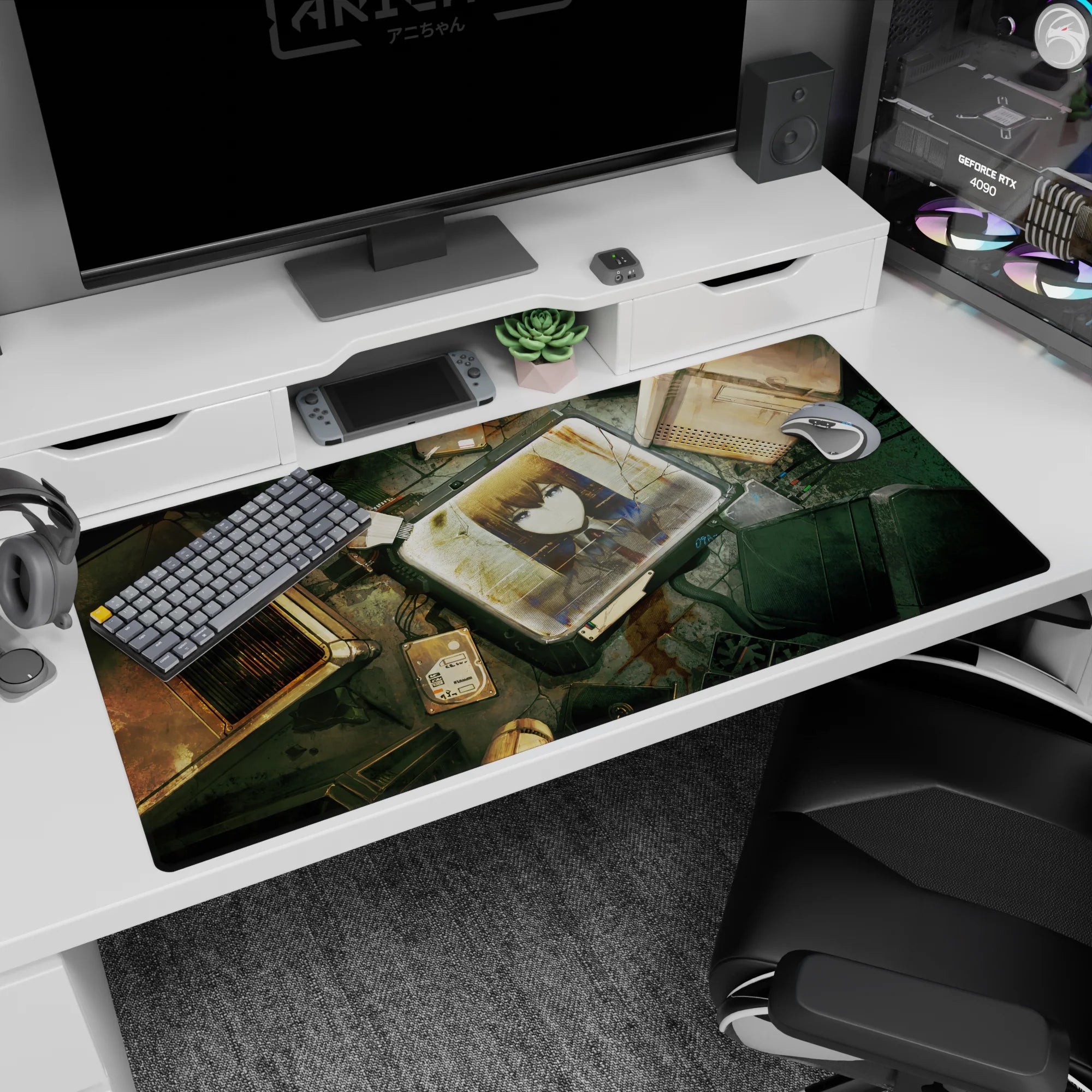 Anime desk pad 40x20 inches featuring calm uniformed girl staring from a cracked monitor in a worn lab.