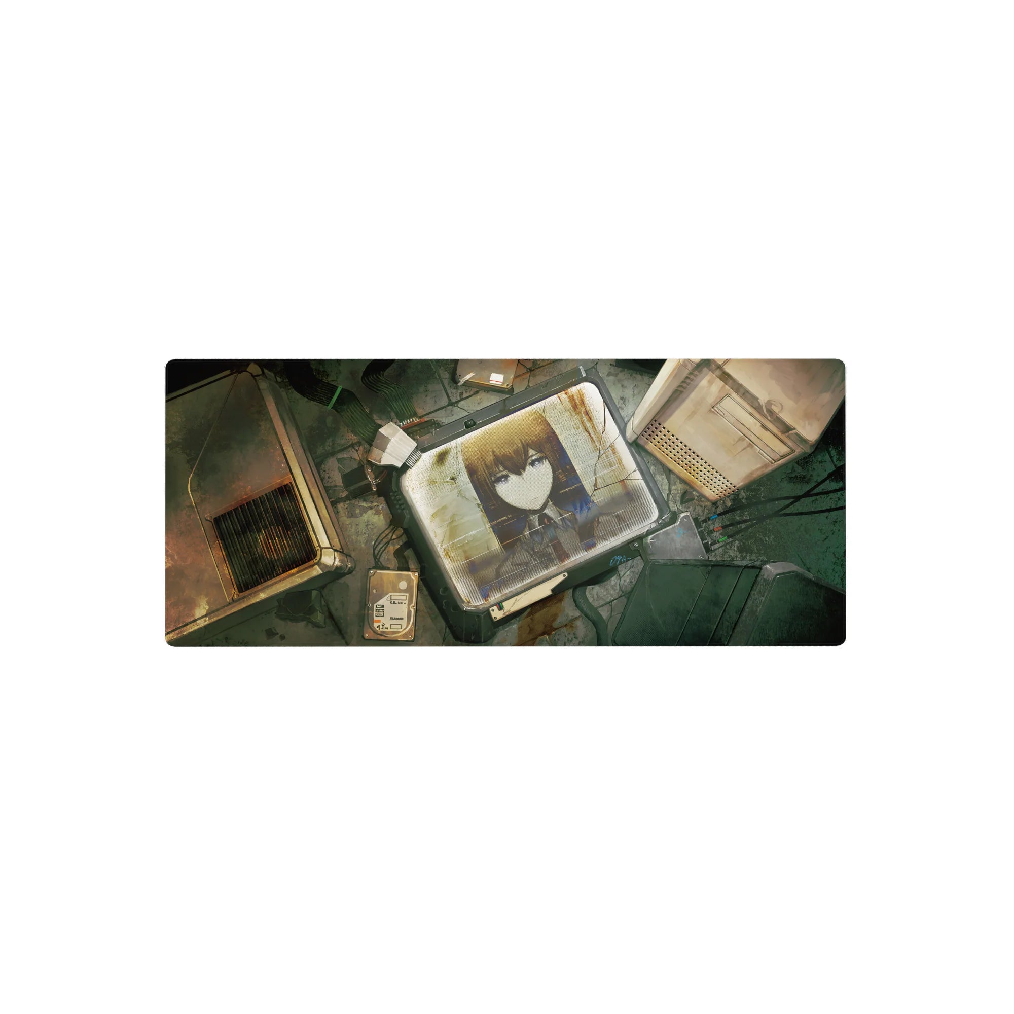 28x12 inches anime mouse pad with cyber-noir lab scene, cracked monitor portrait, cables and metal panels.