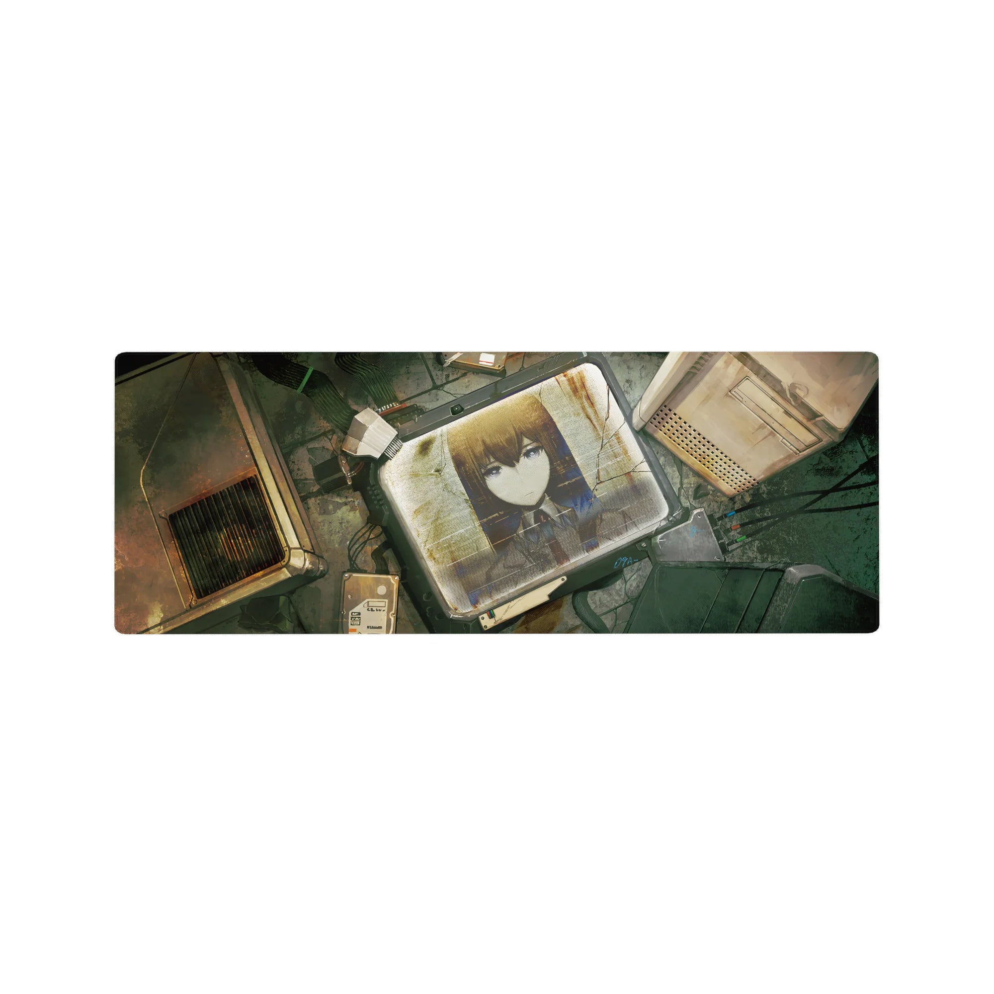 Cyber-noir anime mouse pad 32x12 inches with steel-eyed girl in cracked monitor, gritty lab details.