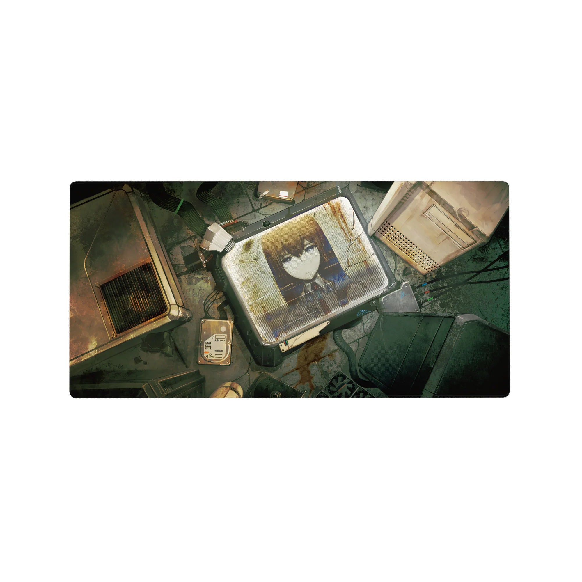 Cyber-noir anime mouse pad 32x16 inches with steel-eyed girl in gritty lab, cables and worn metal panels.