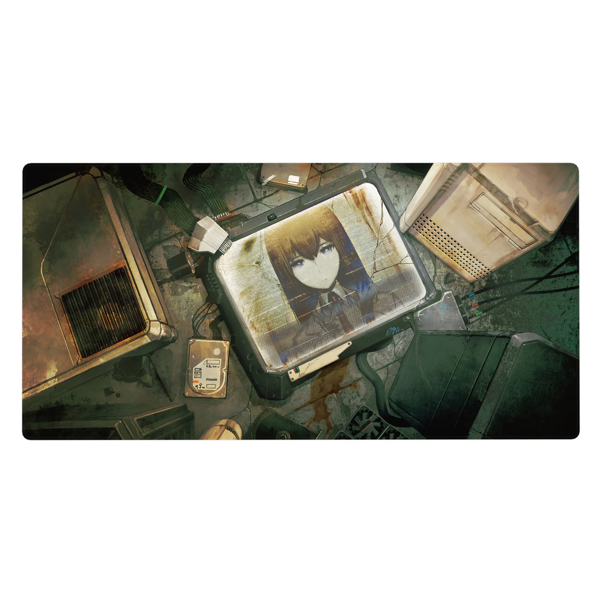 Cyber-noir anime desk pad 40x20 inches with girl in cracked monitor, gritty lab cables and panels.