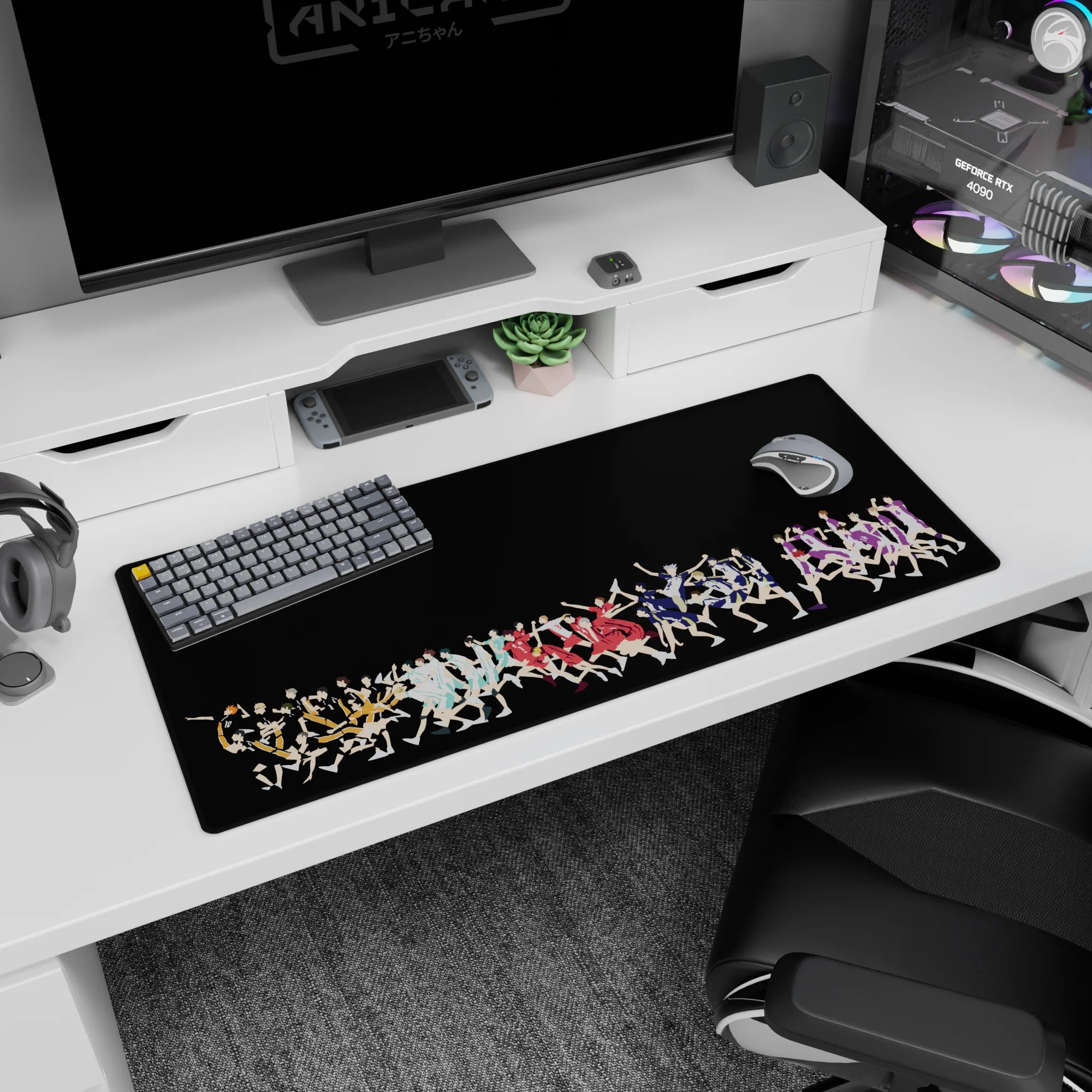 Action scene anime volleyball desk pad 36x16 inches, athletes mid-stride reaching for the next point.