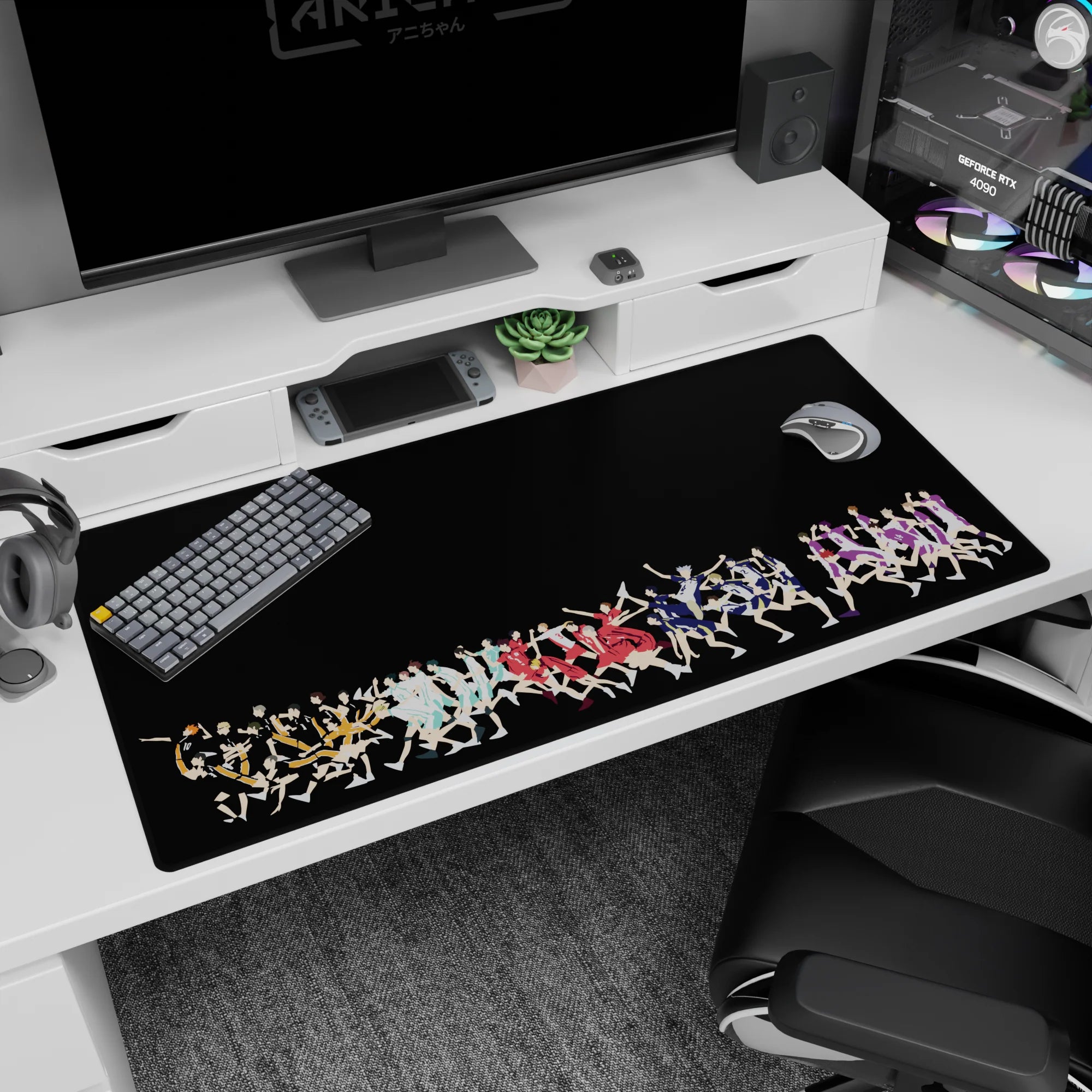 Anime volleyball players mid-stride reaching for the next point on black desk pad, 40x20 inches.