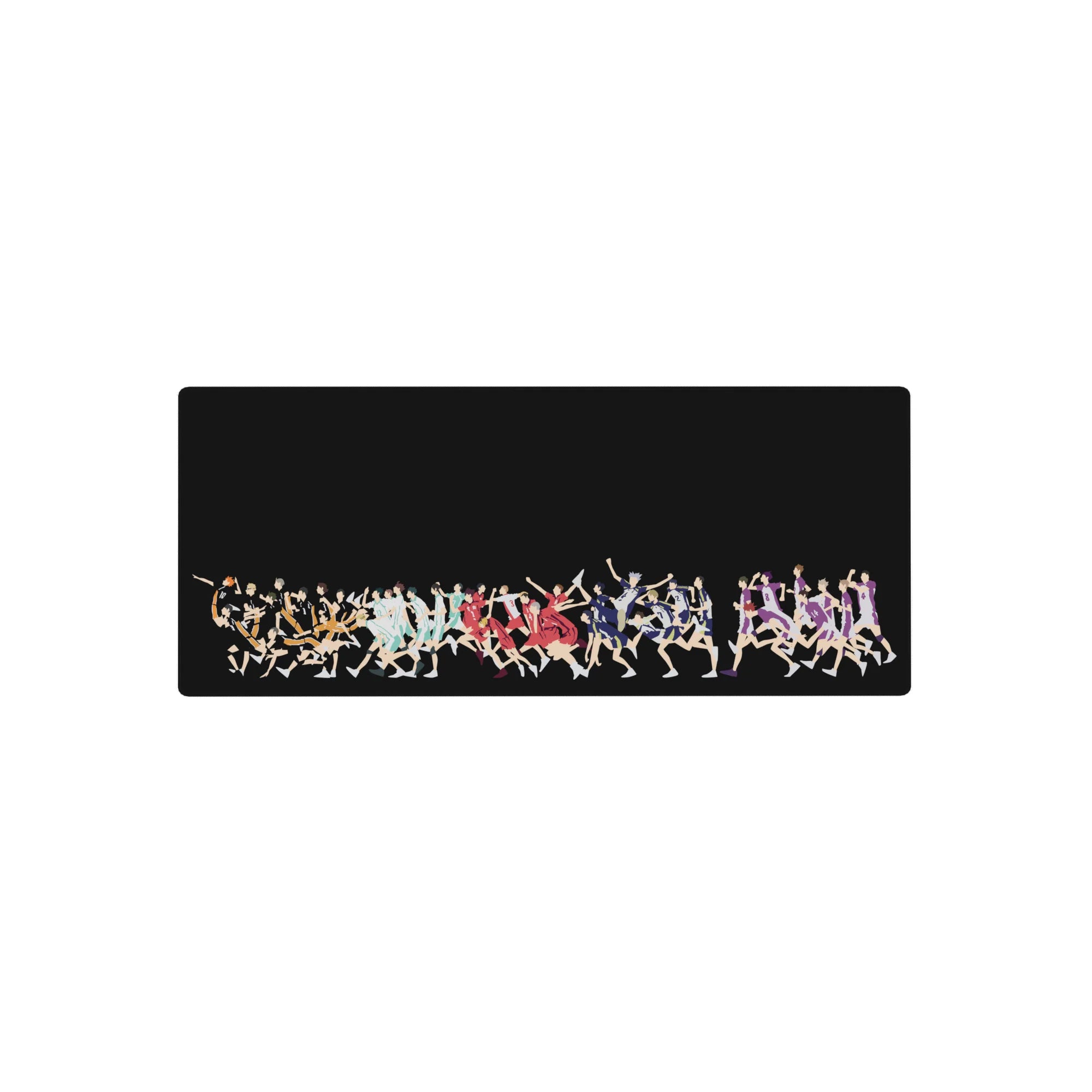 Anime volleyball silhouette mouse pad on deep black, 28x12 inches, dynamic sprinting players.
