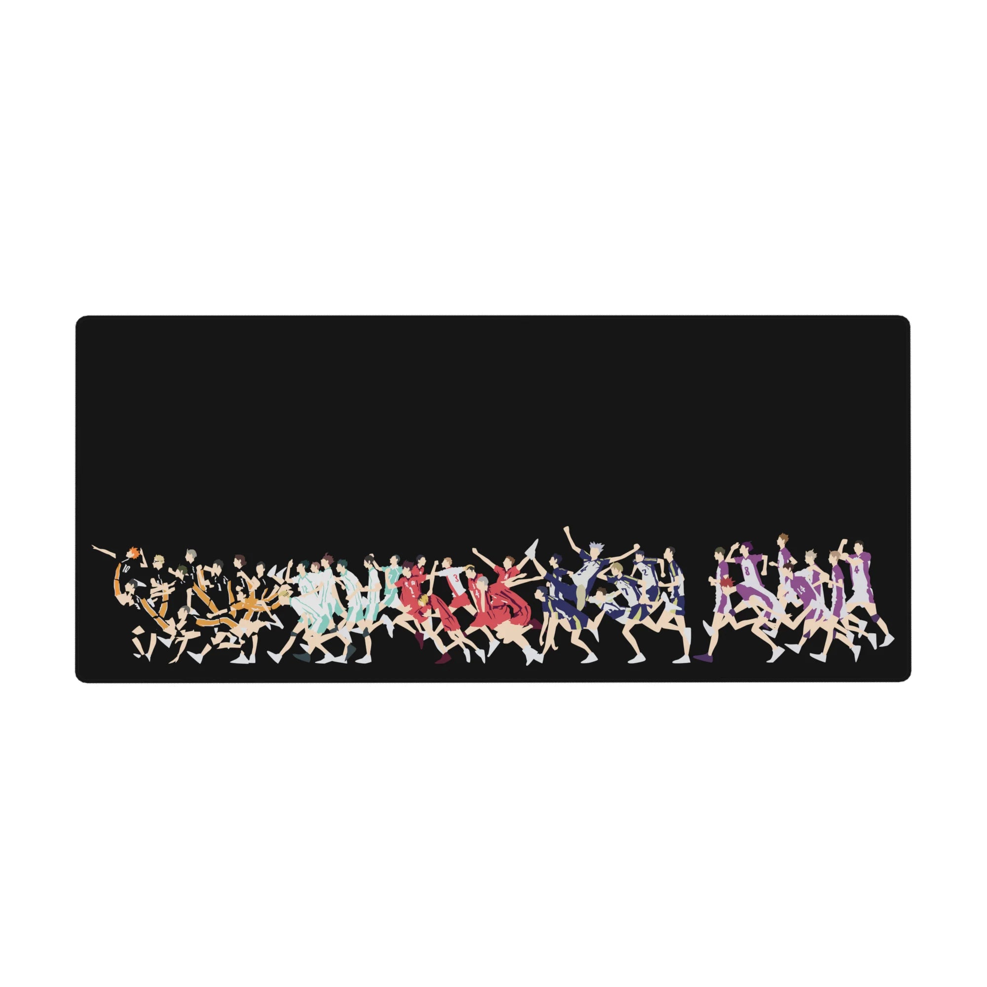 Anime volleyball silhouette desk pad 36x16 inches, players sprinting on black with crisp graphic shapes.