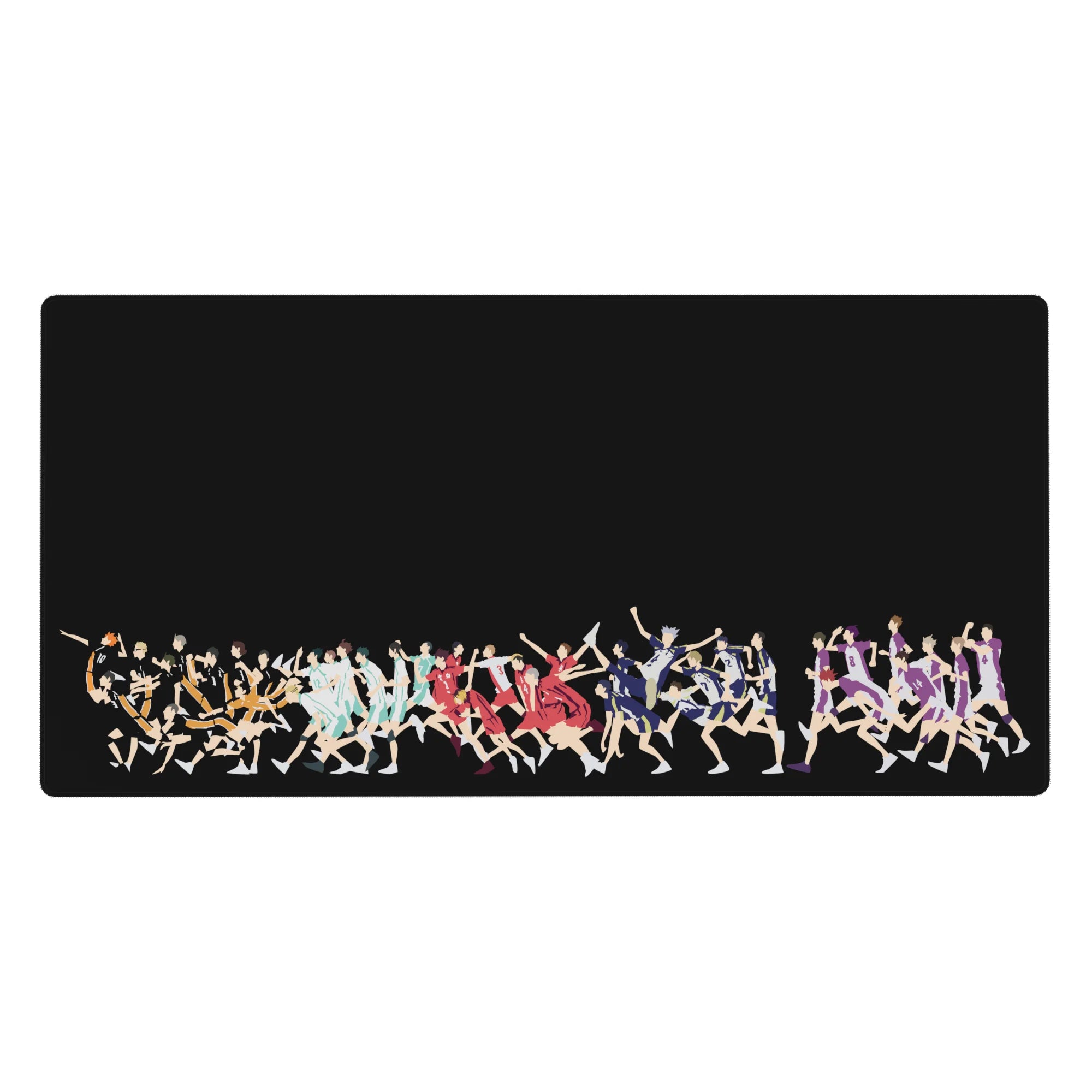 Anime volleyball silhouette desk pad on black, clean graphic players sprinting, 40x20 inches.