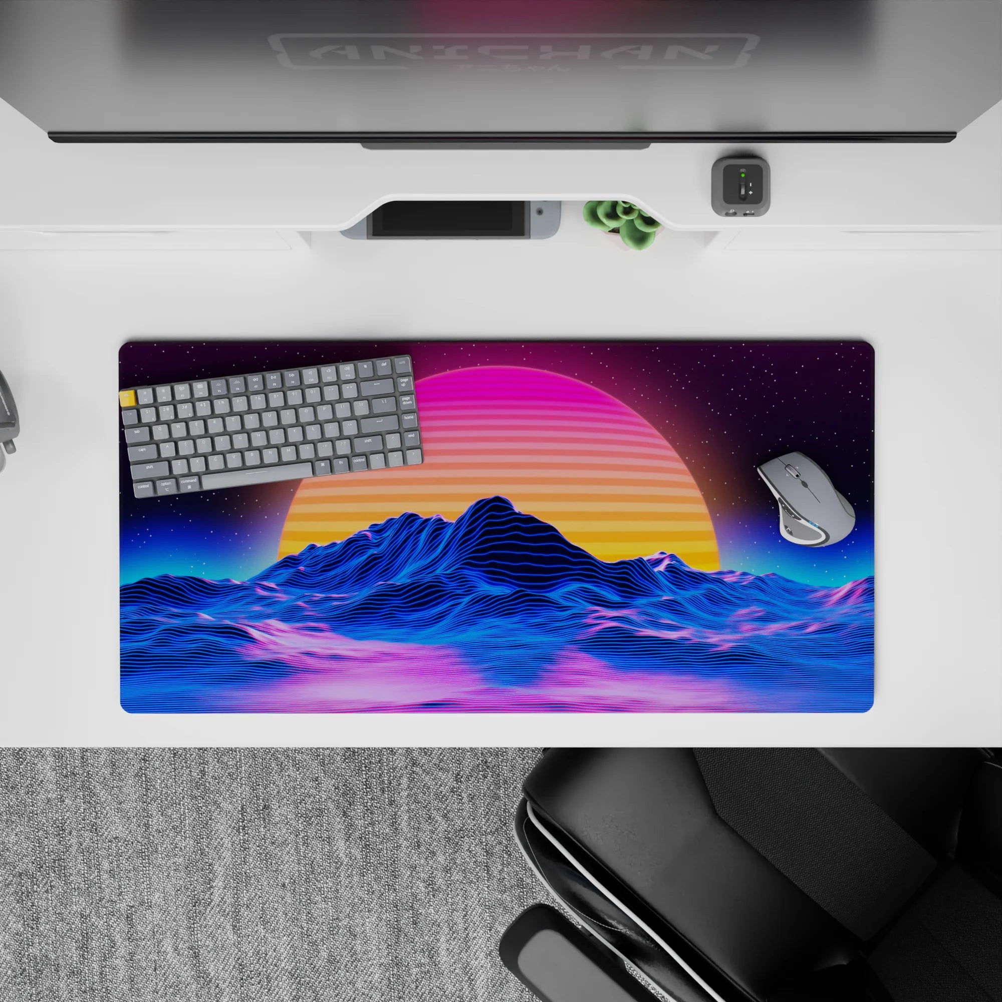 Retrowave - Vaporwave Deskmat | Mousepad | Deskpad - Retro Sunset Peaks - AniChan