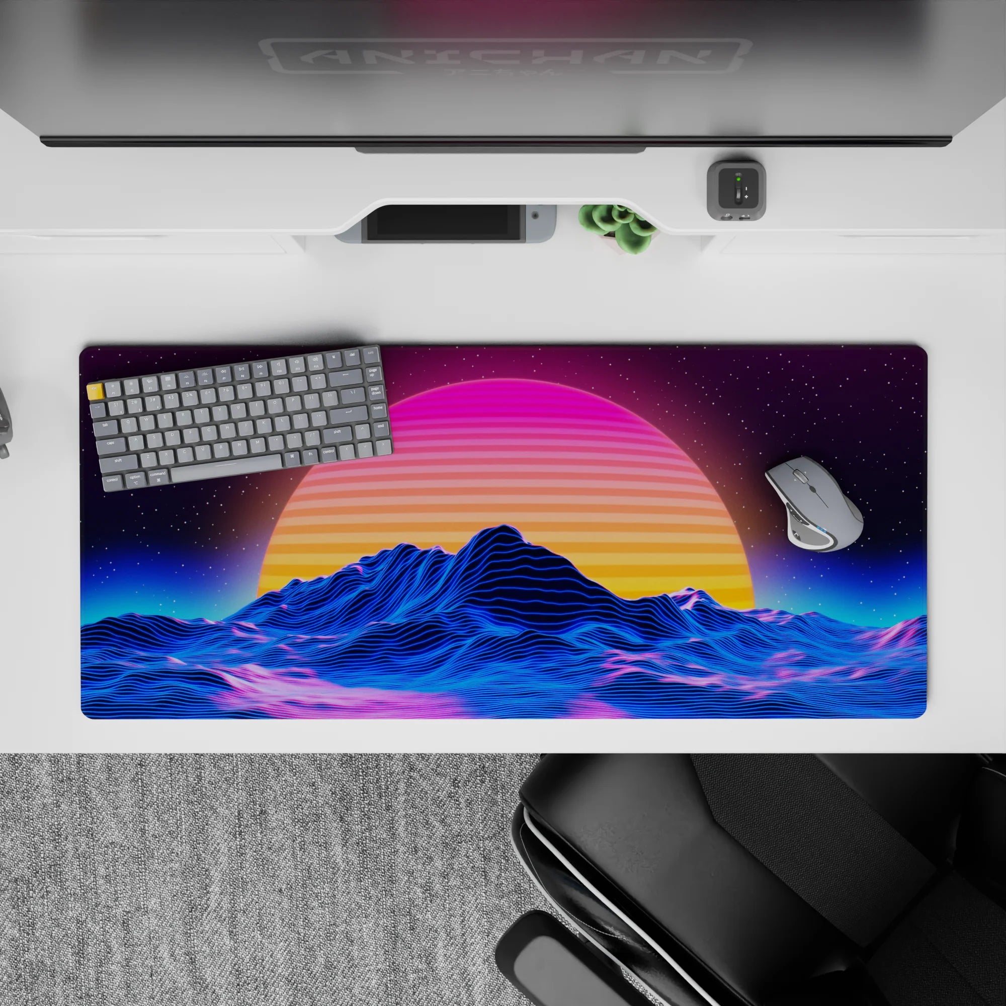 Retrowave - Vaporwave Deskmat | Mousepad | Deskpad - Retro Sunset Peaks - AniChan