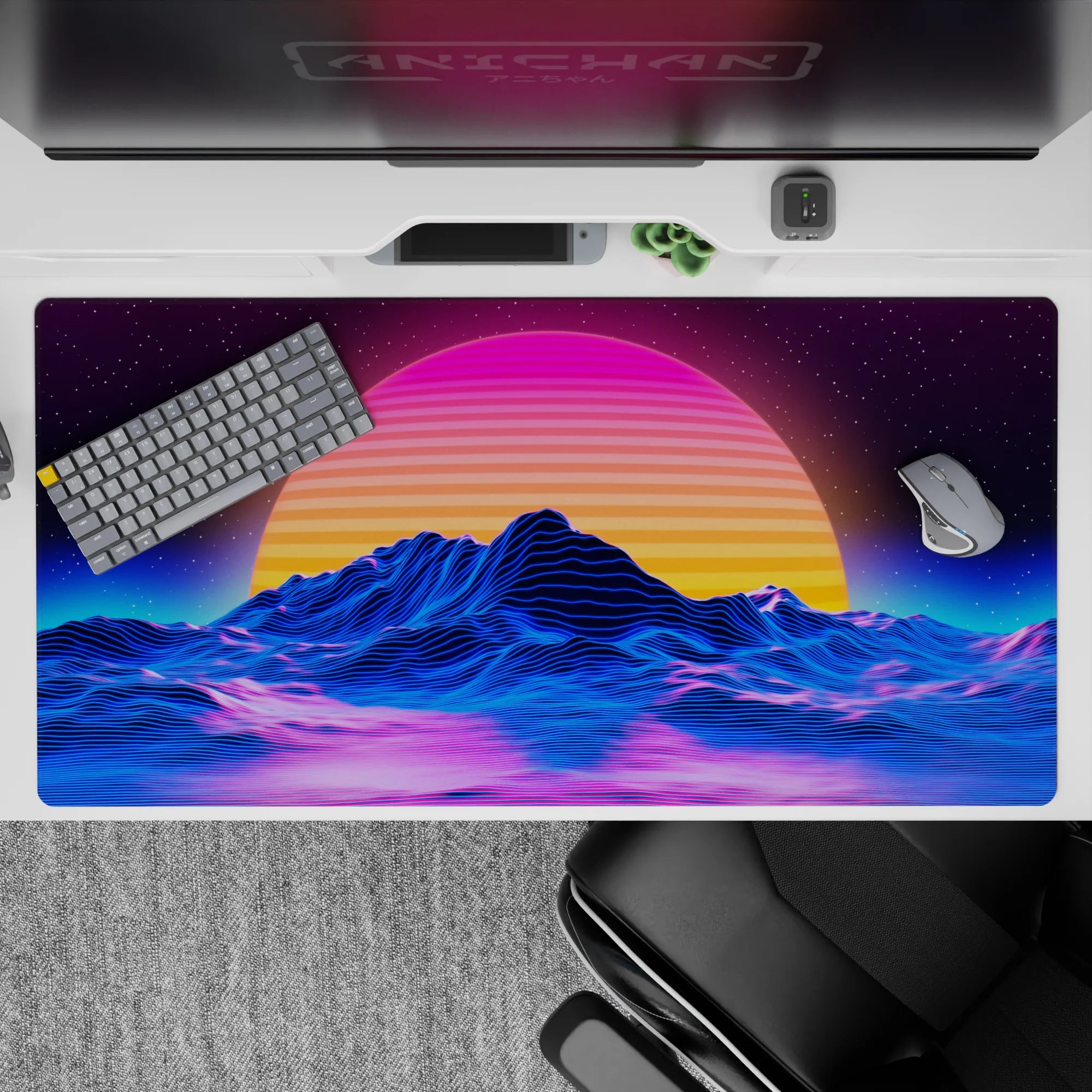 Retrowave - Vaporwave Deskmat | Mousepad | Deskpad - Retro Sunset Peaks - AniChan