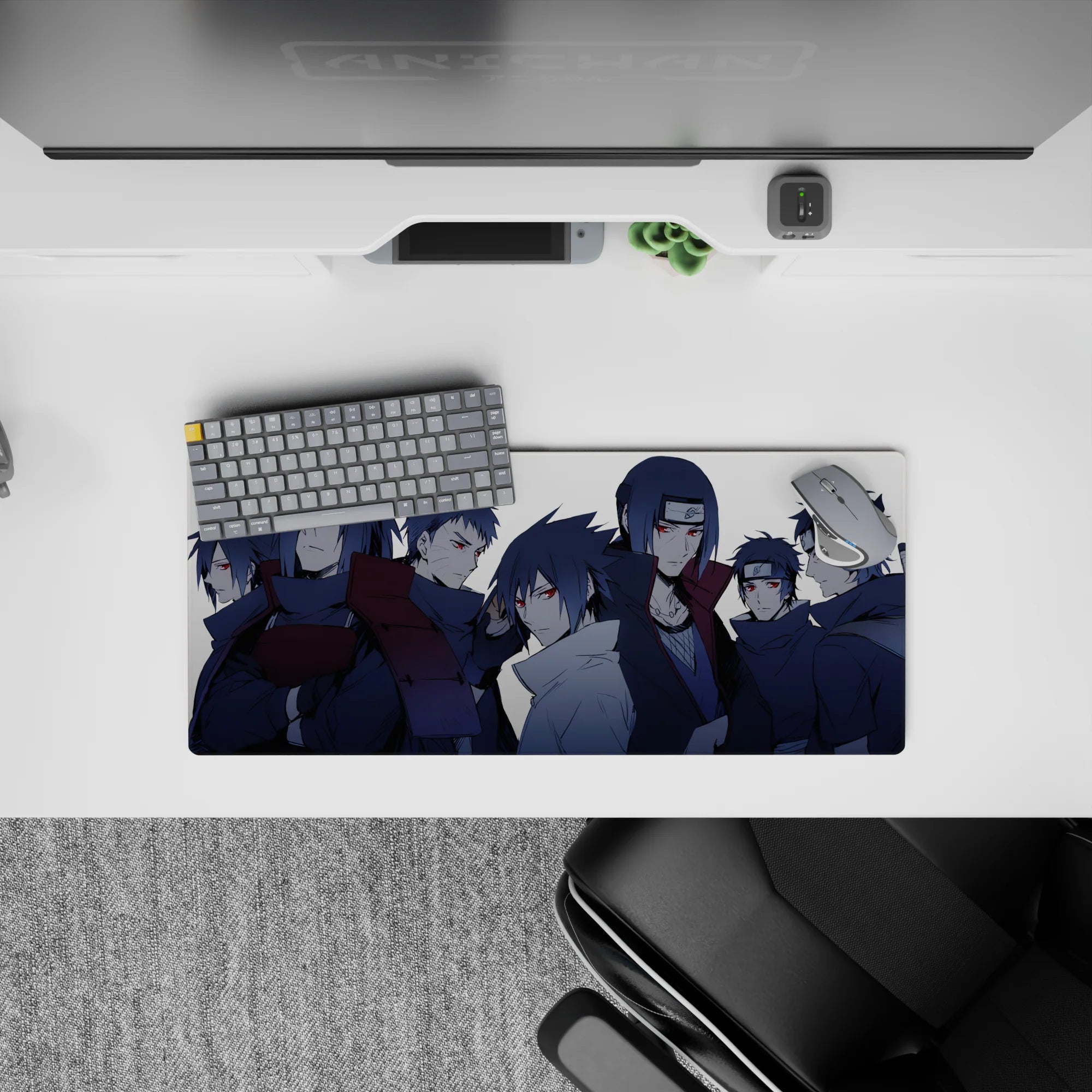 Steel-blue shadow Uchiha anime mouse pad, 28x12 inches, red Sharingan eyes for a clean dangerous vibe.