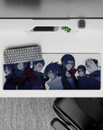 Steel-blue shadowed anime mouse pad 32x12 inches with red Sharingan eyes, clean but dangerous vibe.