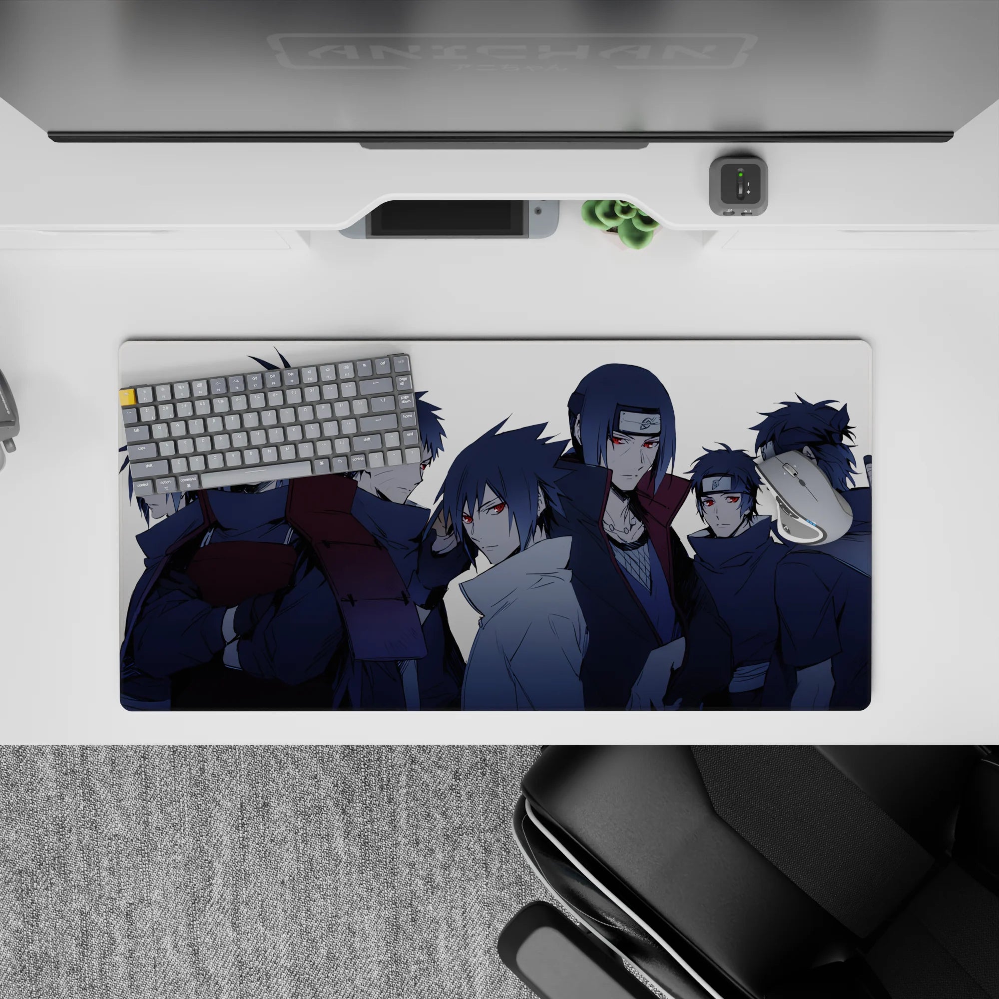 Steel-blue shadow Uchiha anime mouse pad 32x16 inches with red Sharingan eyes, clean dark vibe.