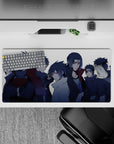Steel-blue shadow Uchiha anime mouse pad 32x16 inches with red Sharingan eyes, clean dark vibe.