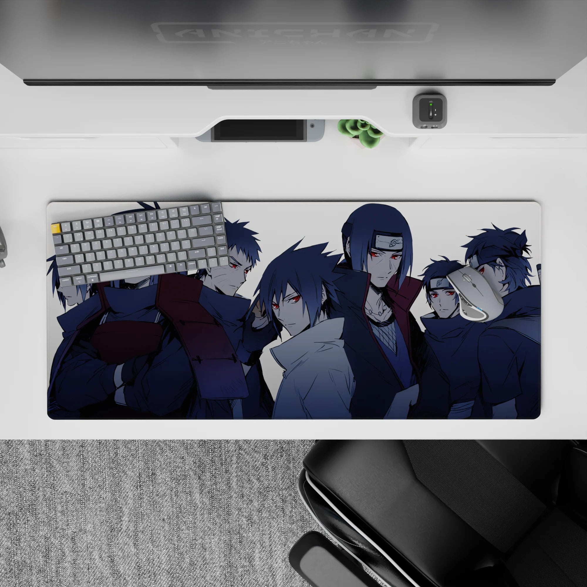 Steel-blue shadows and red Sharingan eyes anime desk pad, clean but dangerous mood 36x16 inches.