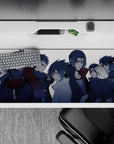 Steel-blue shadows and red Sharingan eyes anime desk pad, clean but dangerous mood 36x16 inches.