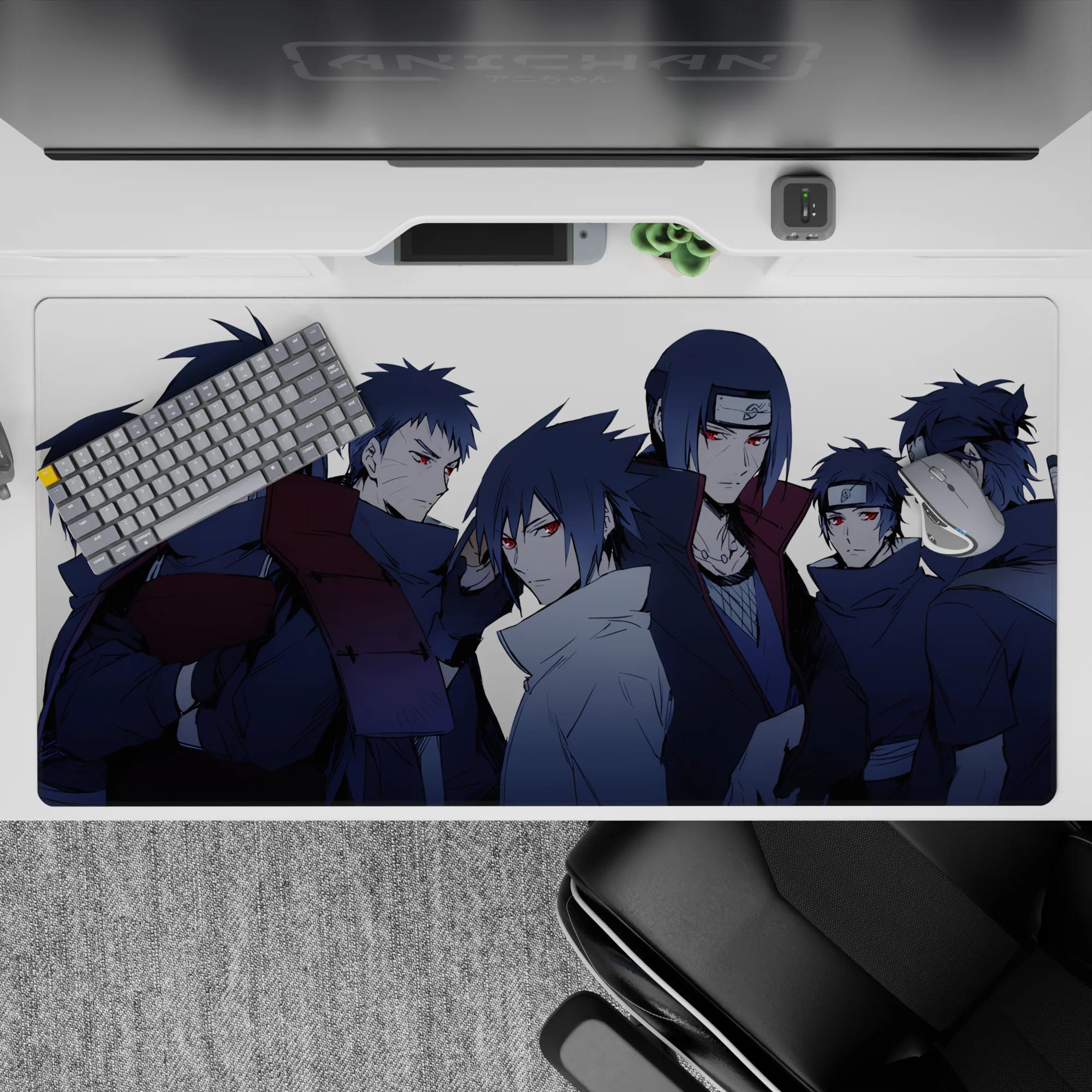 Steel-blue shadows and red Sharingan eyes anime desk pad, clean but dangerous vibe, 40x20 inches.