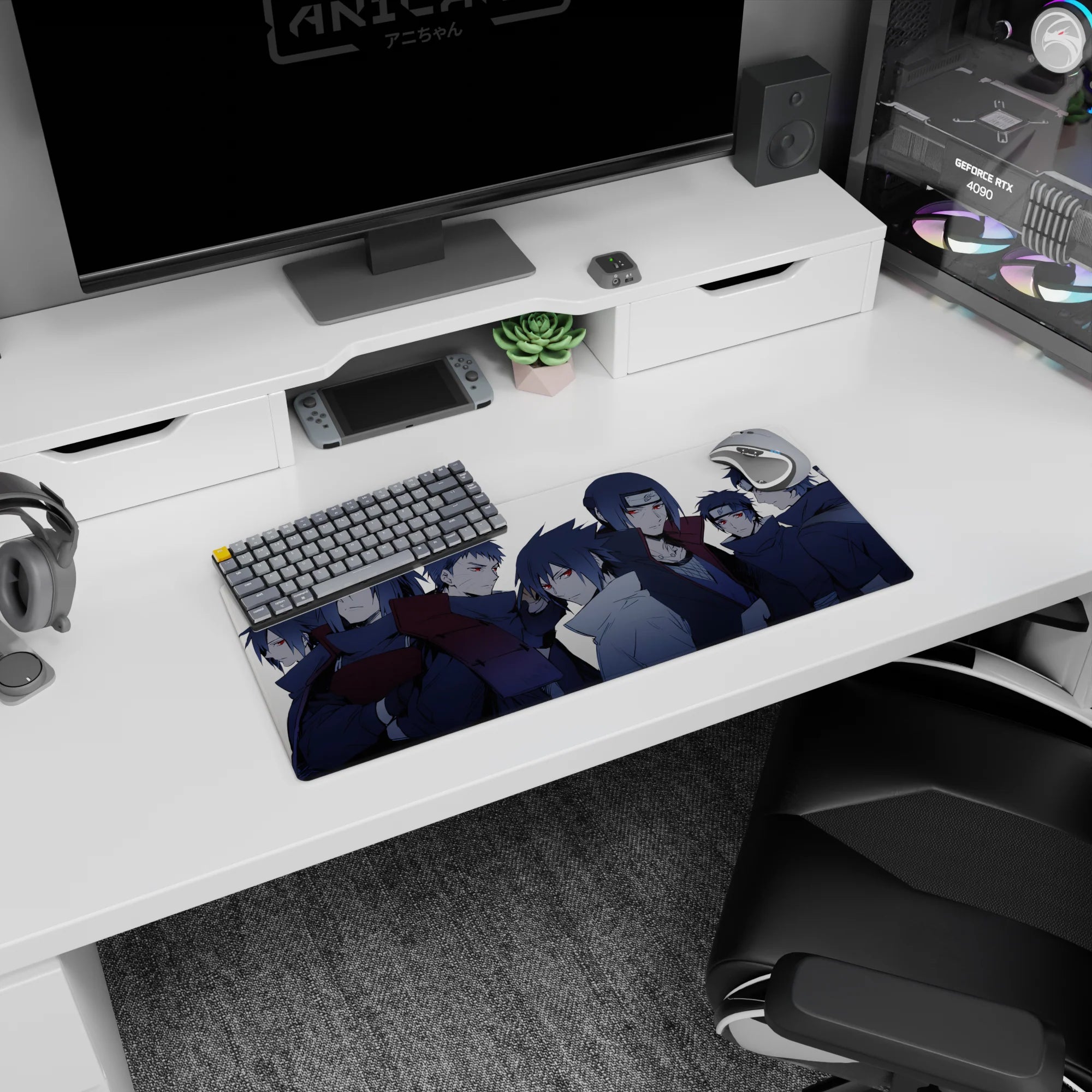 Sasuke, Itachi, Madara and Obito Uchiha Sharingan desk mat, 28x12 inches, smooth tracking surface.