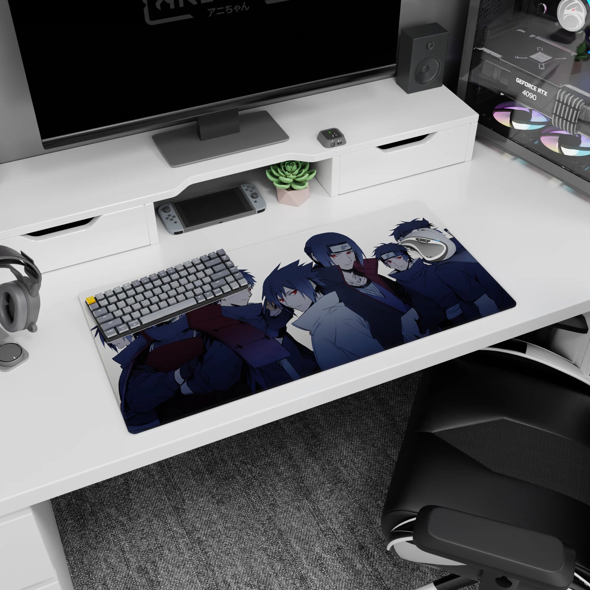 Sasuke and Itachi Uchiha Sharingan stare anime mouse pad 32x16 inches with crisp cloaks and spikes.