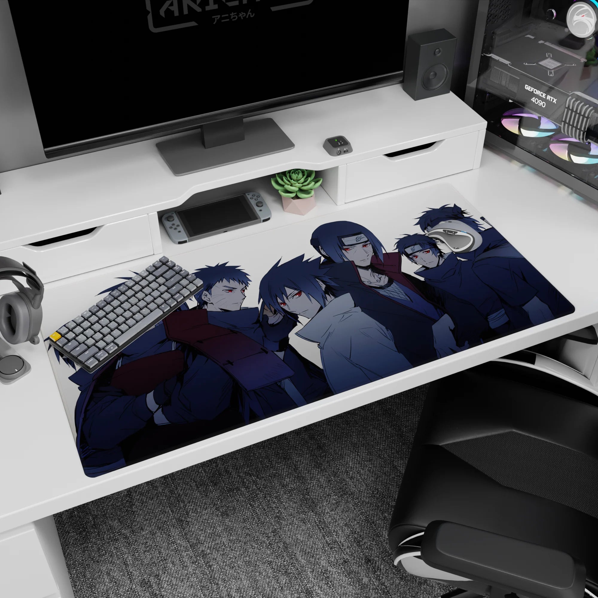 Sasuke and Itachi Uchiha Sharingan glare desk pad with crisp cloaks and spiked hair, 40x20 inches.