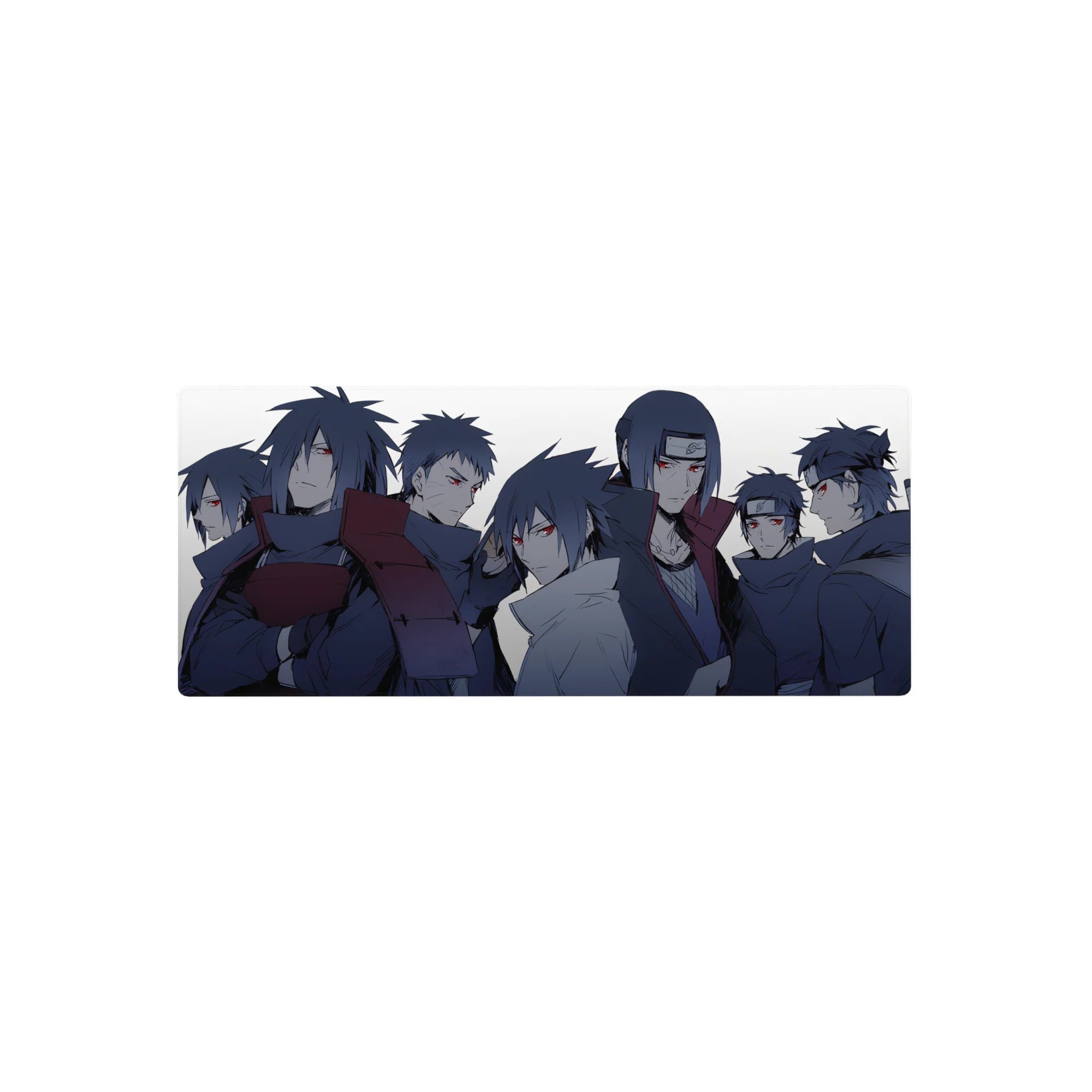 Naruto Shippuden Uchiha clan lineup anime mouse pad, 28x12 inches, crisp cloaks and sharp hair spikes.