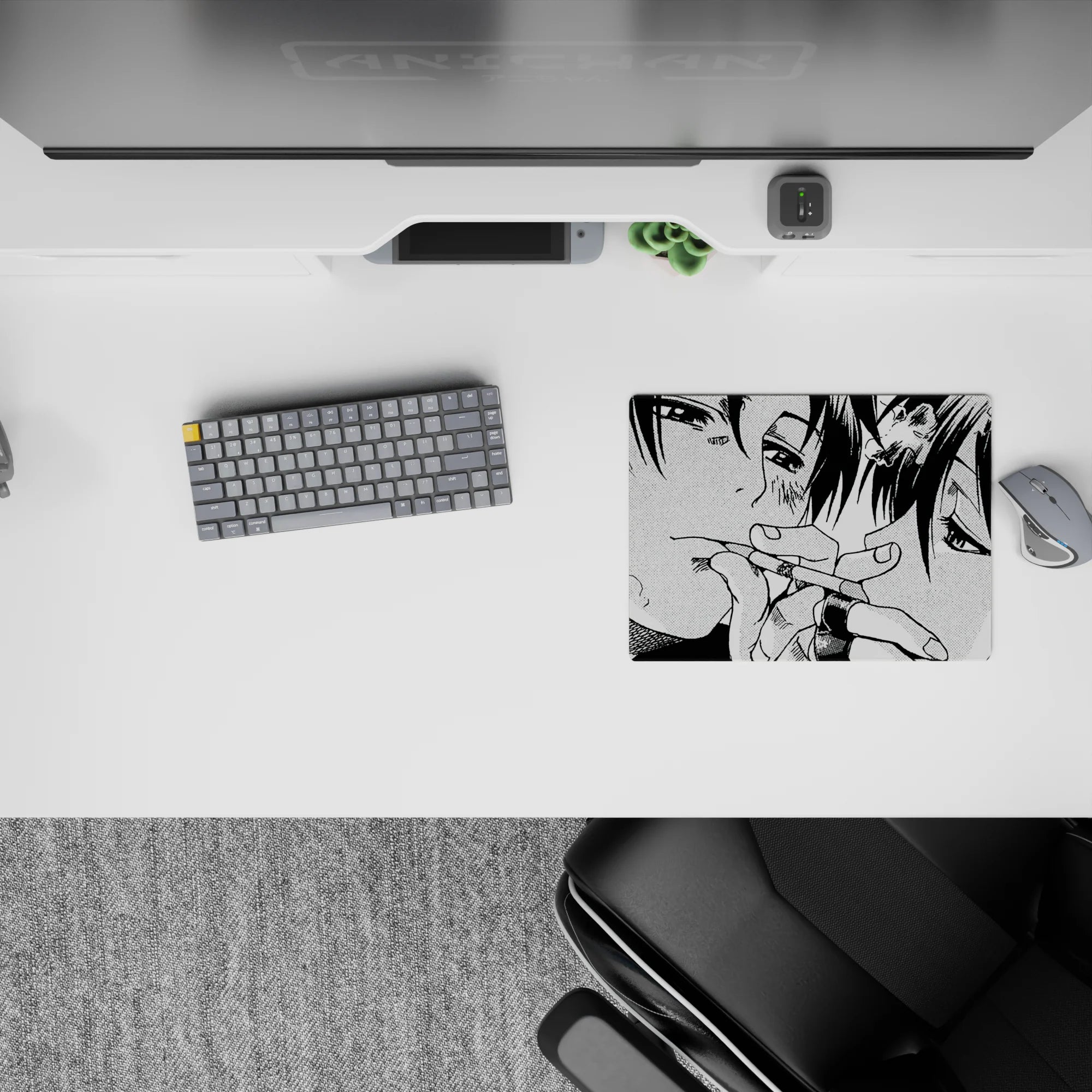 Black-and-white anime mouse pad 14x10 inches with gritty halftone dots, deep shadows, tender mood.