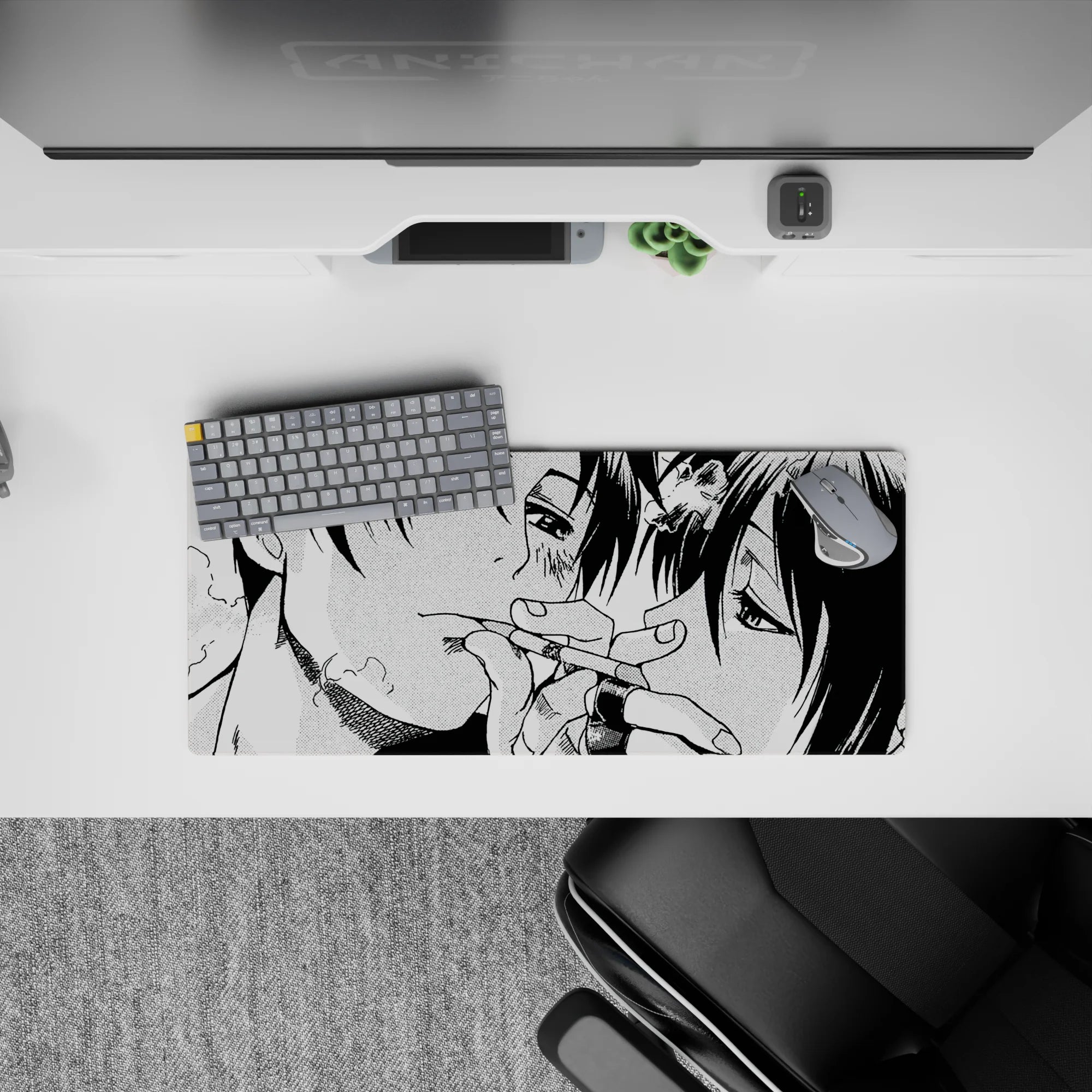 28x12 inches black-and-white manga halftone mouse pad with gritty shadows and a tender, intimate mood.