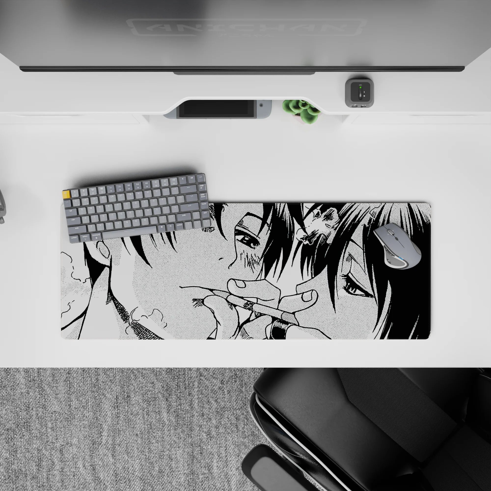 32x12 inches black-and-white halftone manga desk mat, gritty yet tender mood, smooth tracking surface.