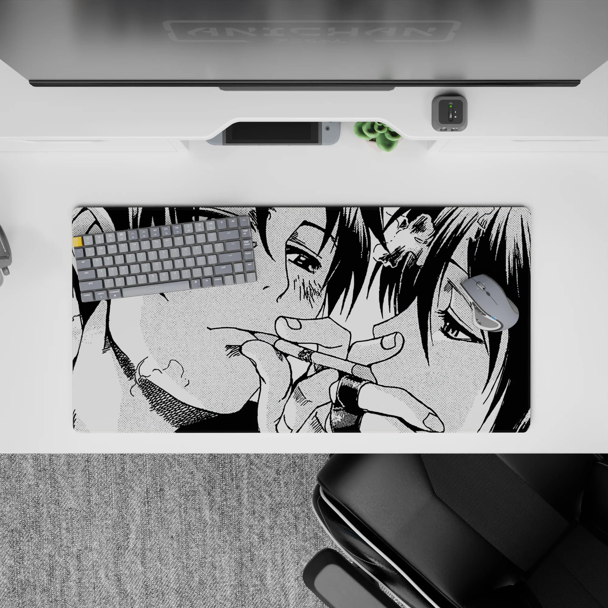 32x16 inches black-and-white halftone manga desk mat, gritty yet tender mood with soft lashes and calm mouths.