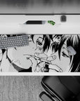 36x16 inches black-and-white halftone anime desk pad, gritty noir mood with tender, quiet romance.
