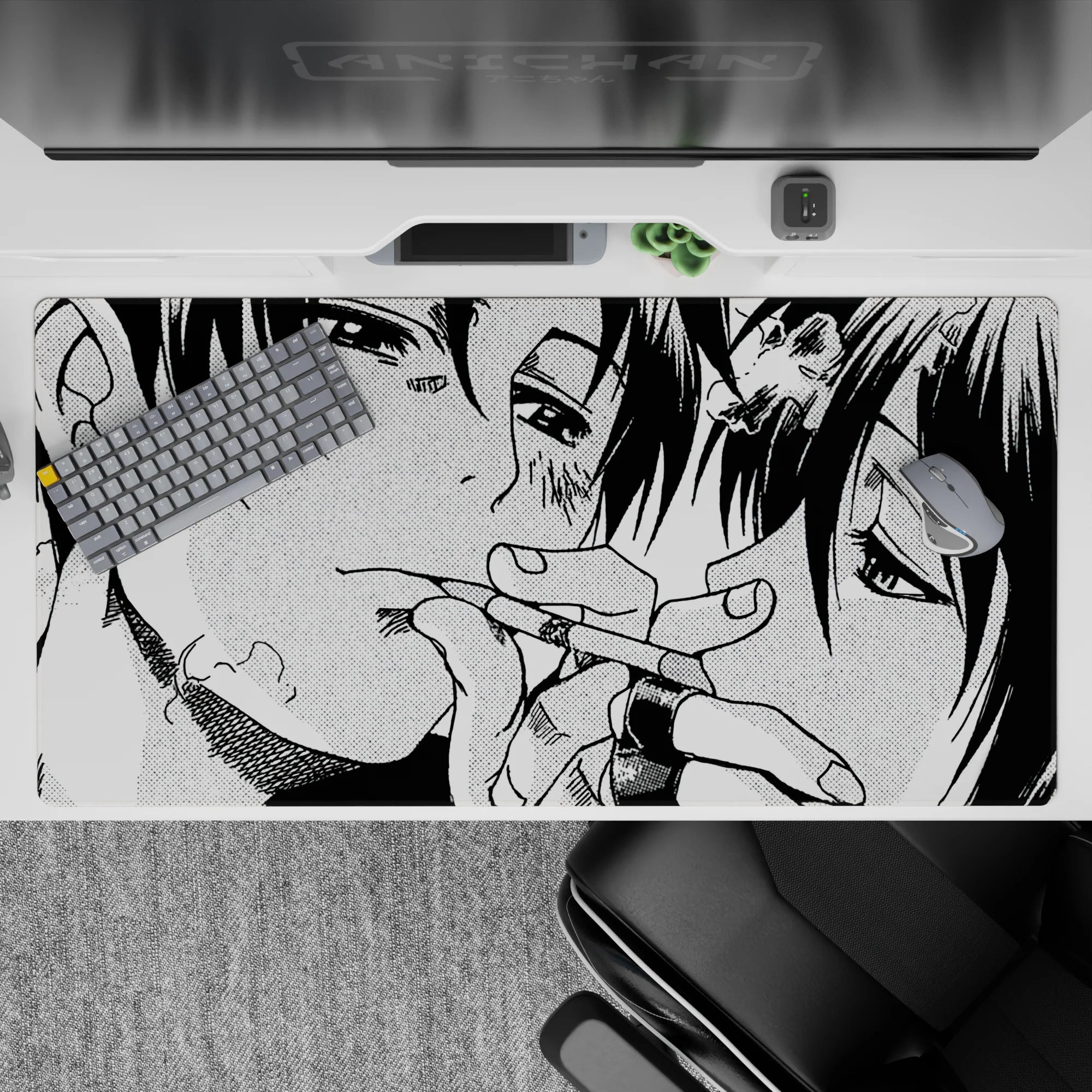 40x20 inches black-and-white halftone anime desk pad, gritty inked cuts and soft tender mood.