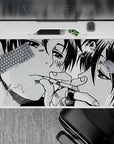 40x20 inches black-and-white halftone anime desk pad, gritty inked cuts and soft tender mood.