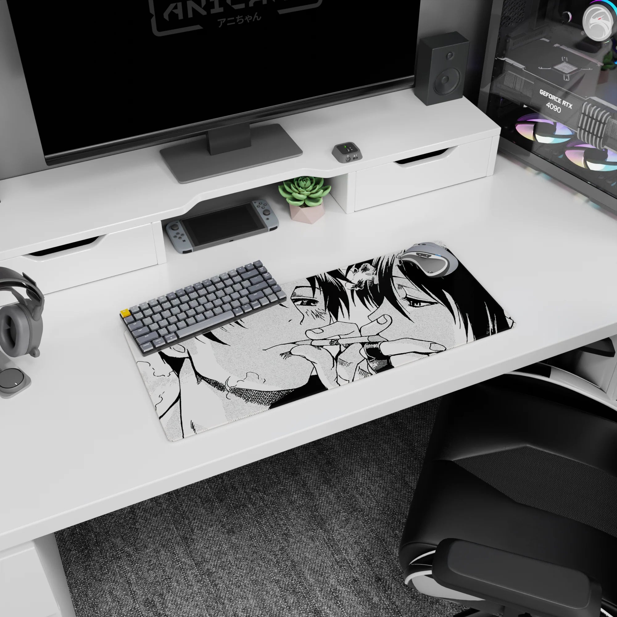 28x12 inches anime mouse pad showing two faces pressed close, calm lips, soft lashes, bruised cheeks, hands entwined.