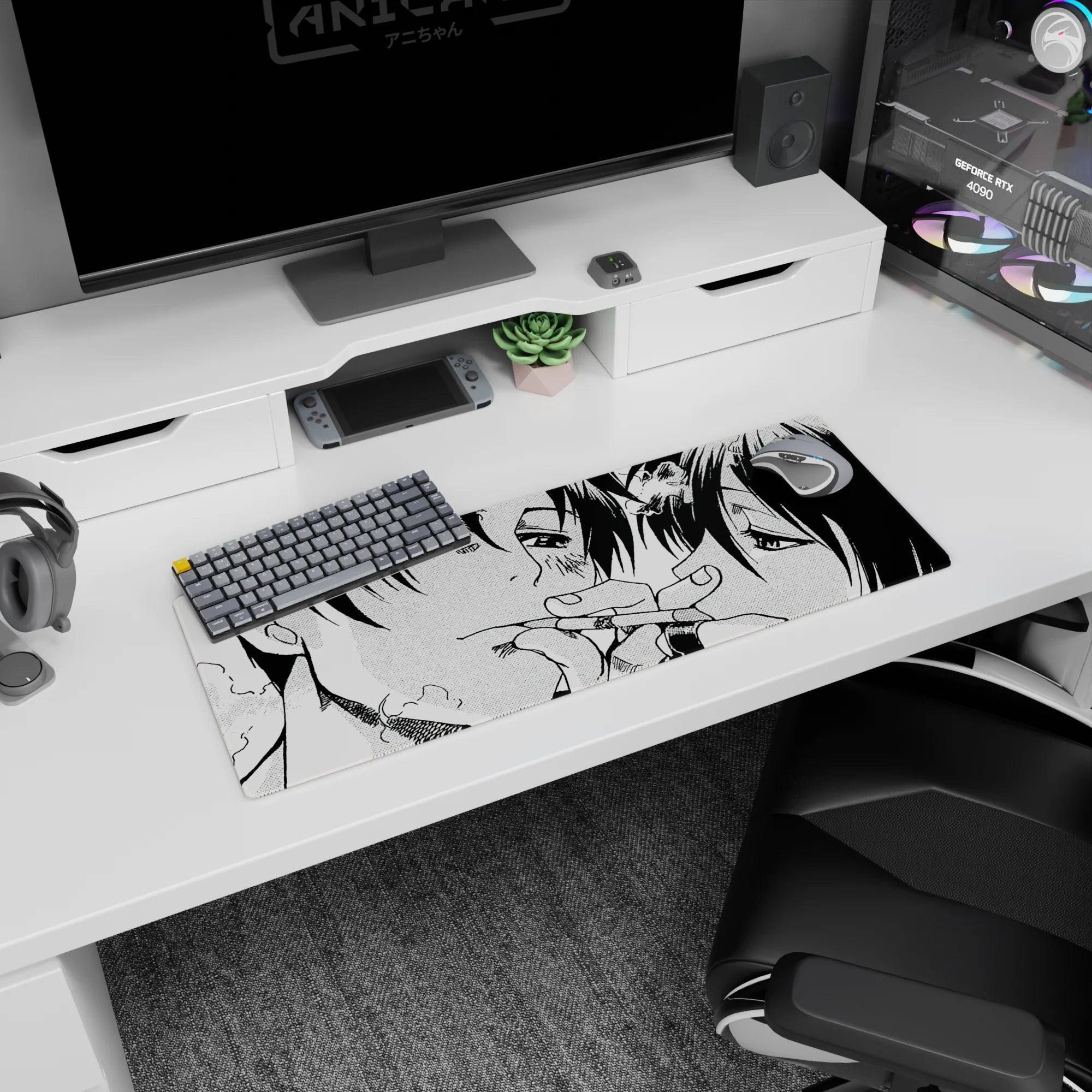 32x12 inches anime mouse pad showing two faces pressed close, tangled fingers, bruises and cuts in ink.