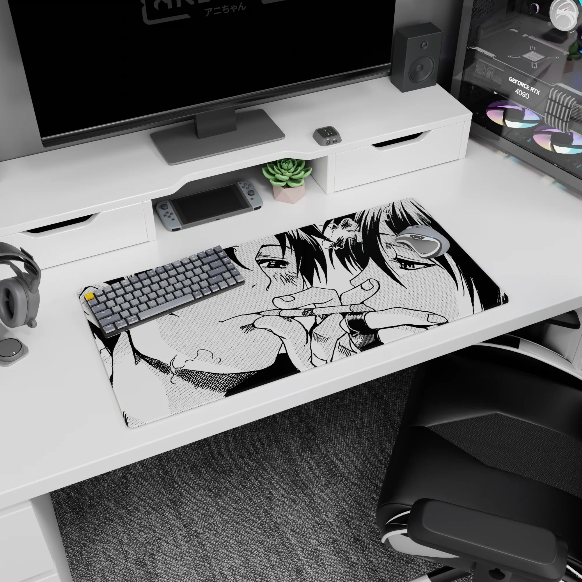 32x16 inches anime mouse pad showing two faces pressed close, tiny cuts and bruises, fingers intertwined in promise.