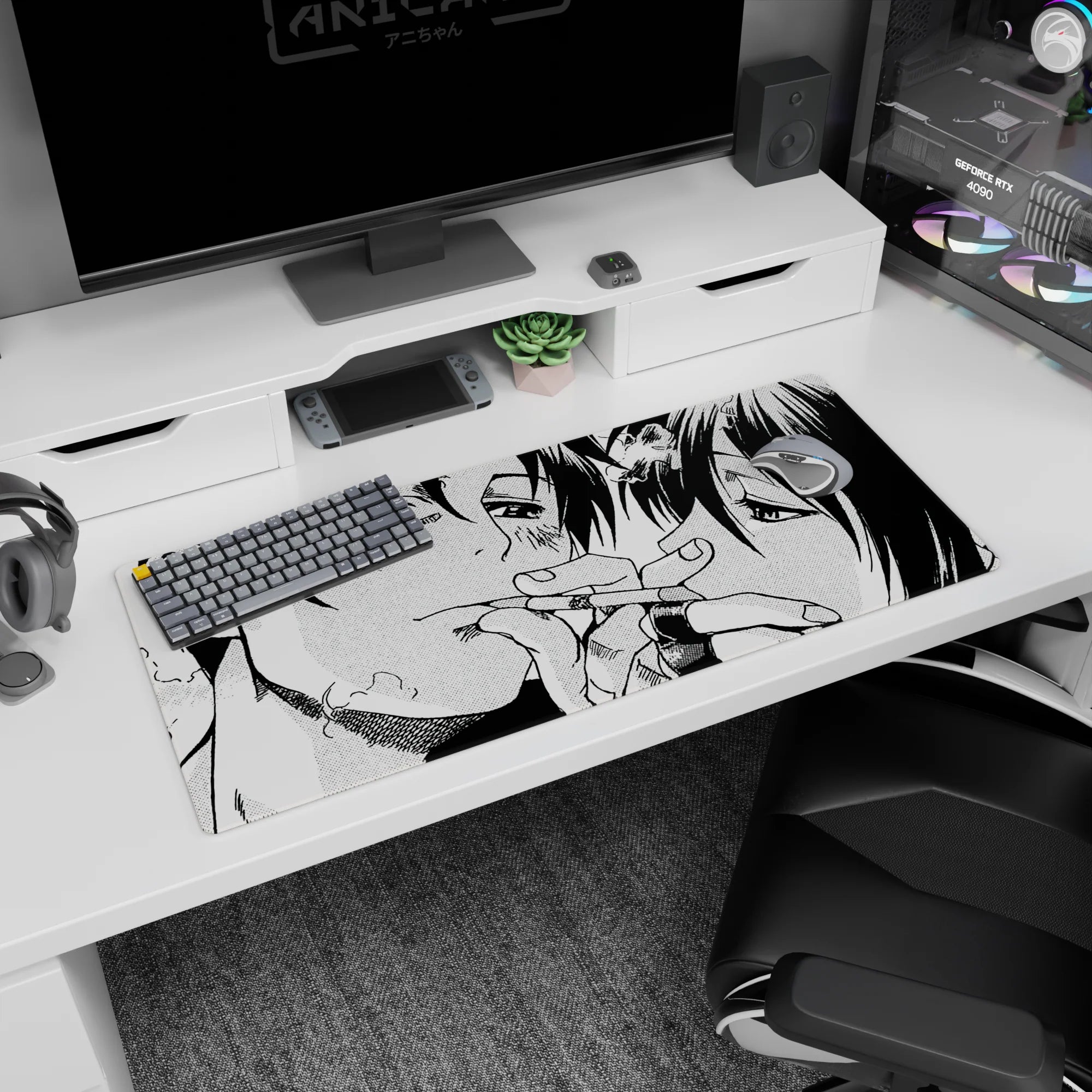 36x16 inches anime desk pad showing two faces pressed close, cuts and bruises detailed, hands entwined.