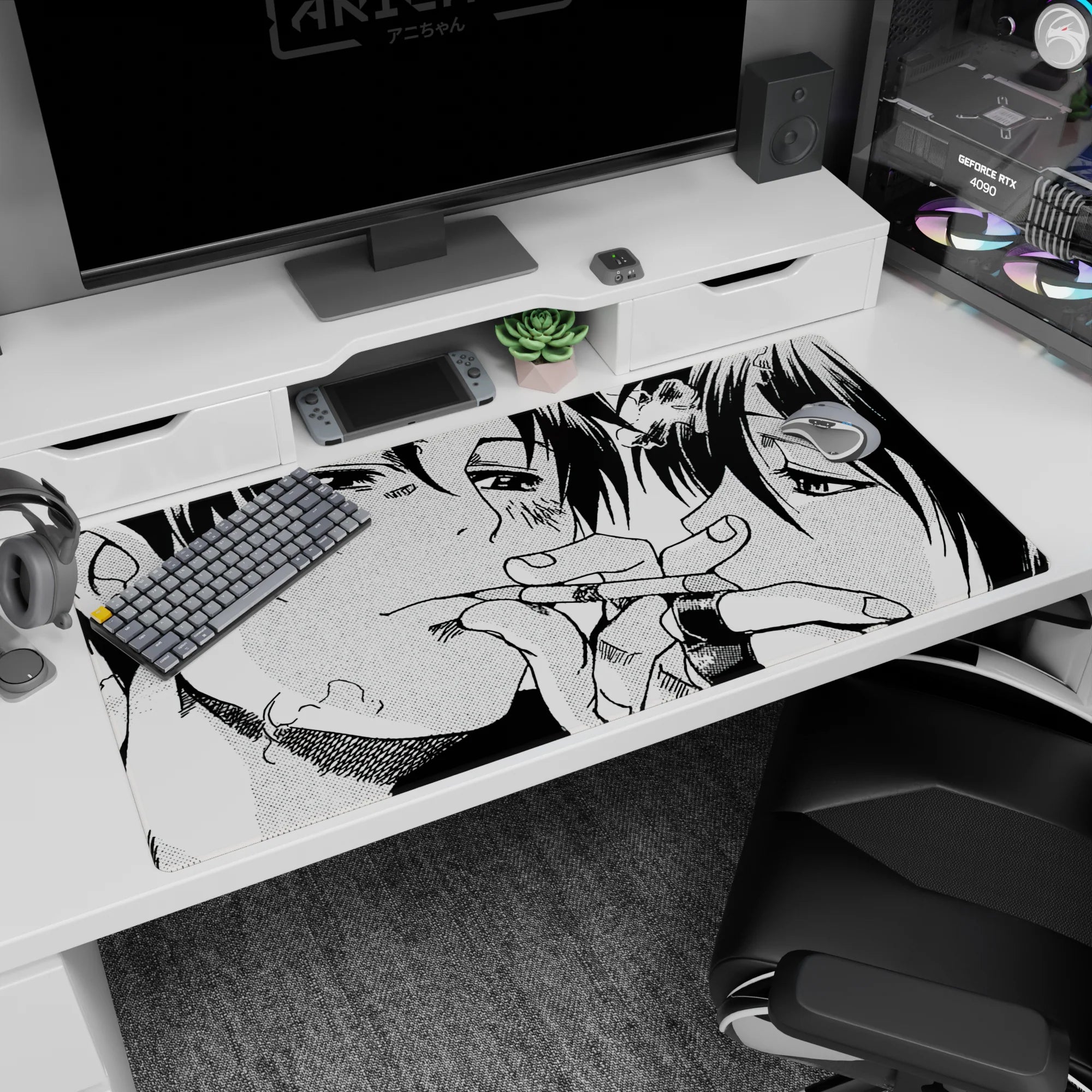 40x20 inches anime desk pad showing two bruised faces nearly kissing, fingers interlaced in close-up.