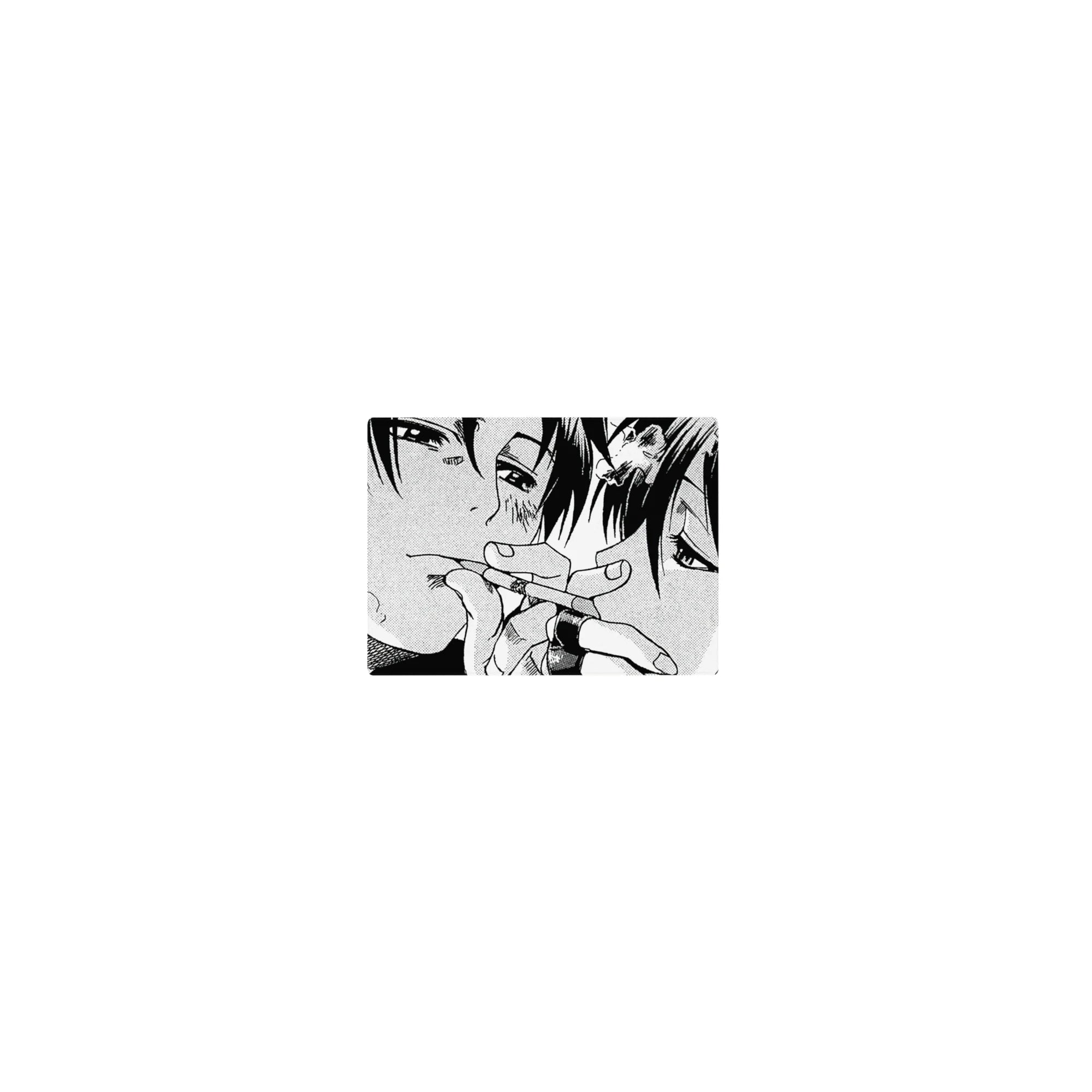 Classic anime mouse pad 14x10 inches with close-up manga couple, halftone shading, sharp inked linework.