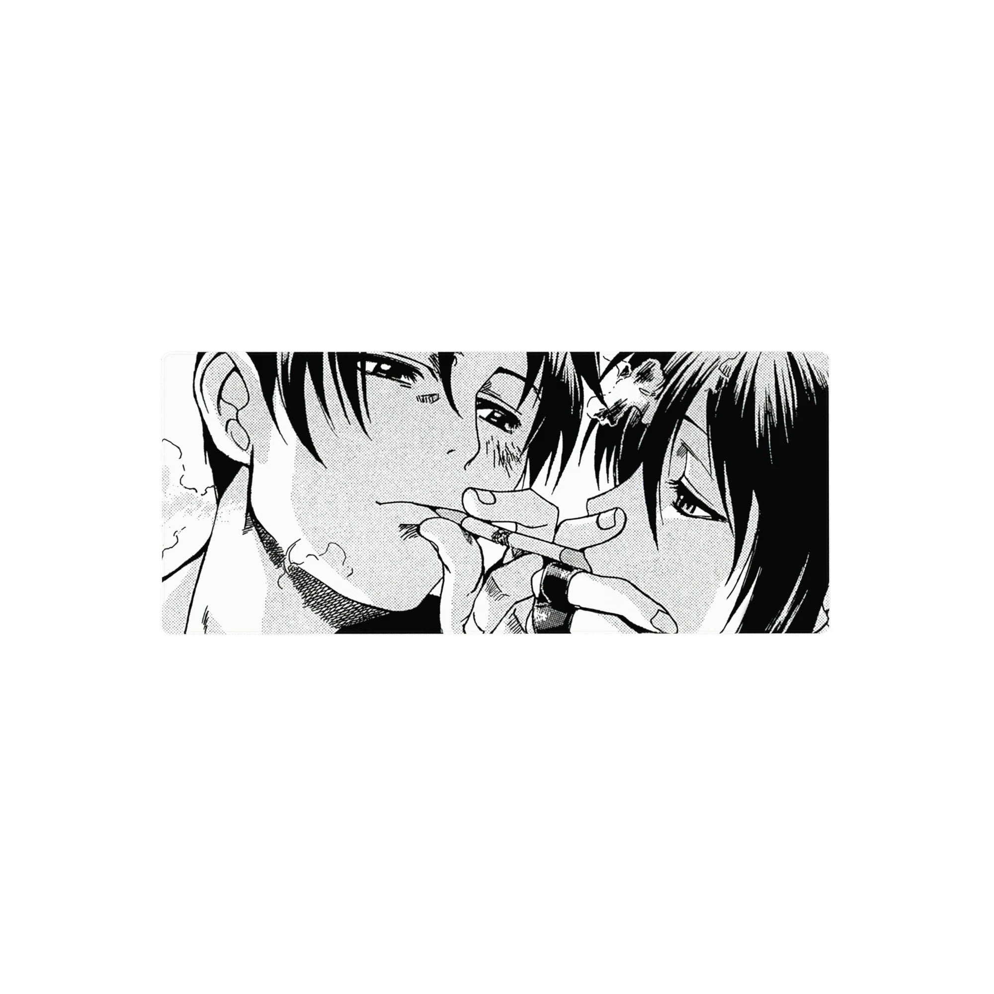 28x12 inches anime mouse pad with close-up manga couple, bruises, cuts, and intertwined fingers in halftone art.