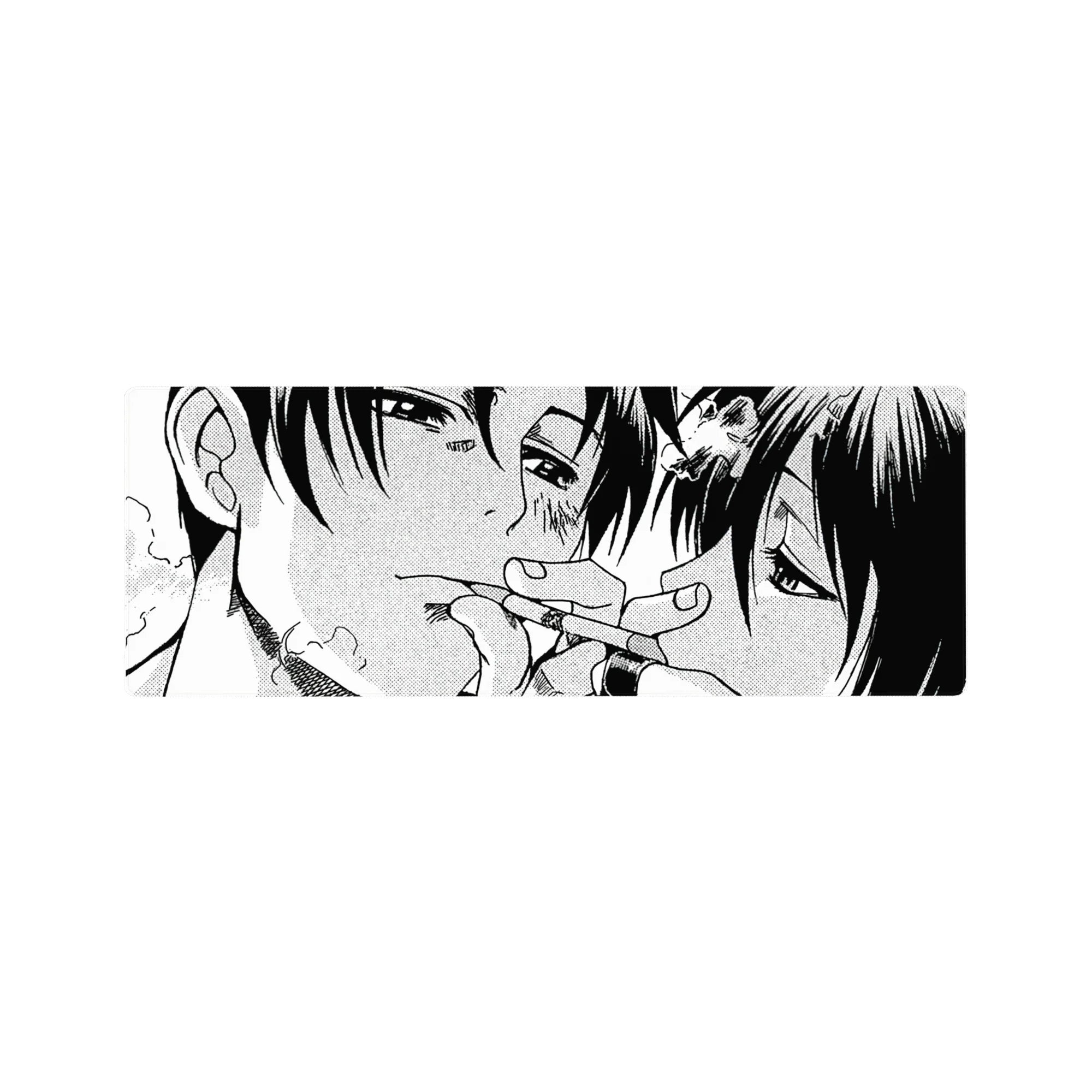 32x12 inches anime mouse pad with close-up manga couple, detailed bruises, halftone shading, crisp line art.