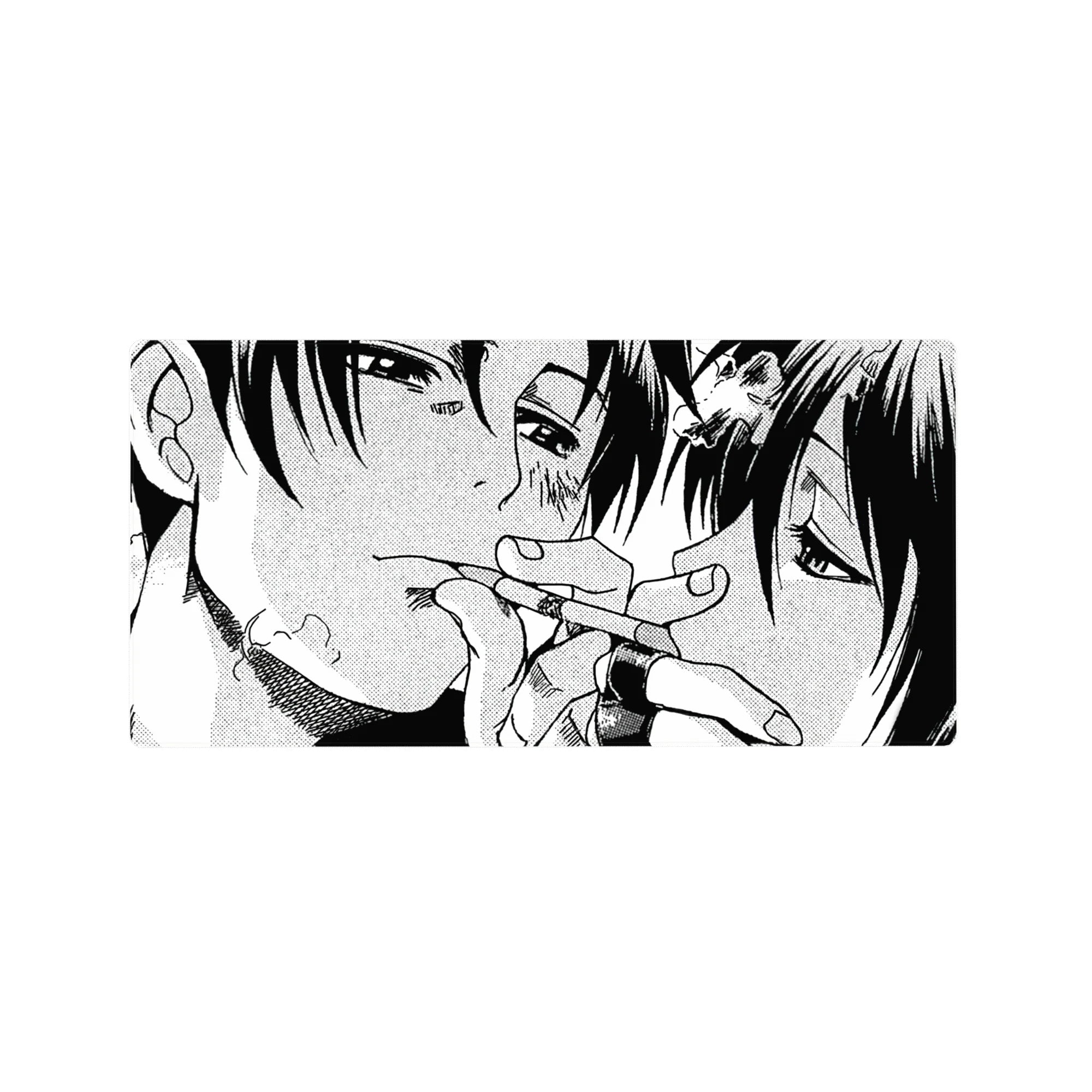 32x16 inches anime mouse pad with close-up manga couple, bruised faces, tangled fingers, bold ink shadows.