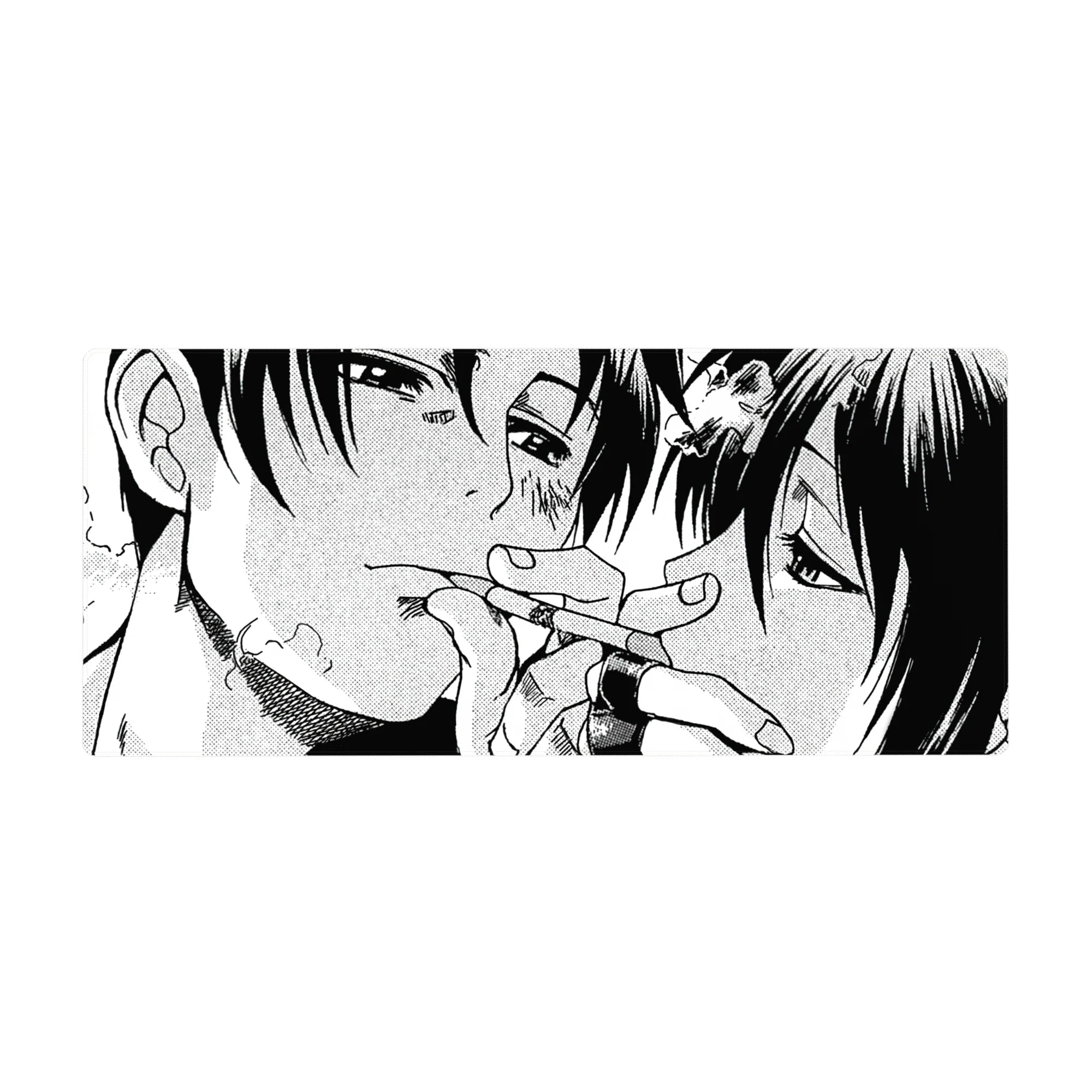 36x16 inches anime desk pad with close-up manga-style couple, bruises, tangled fingers, bold ink shadows.