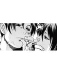 36x16 inches anime desk pad with close-up manga-style couple, bruises, tangled fingers, bold ink shadows.