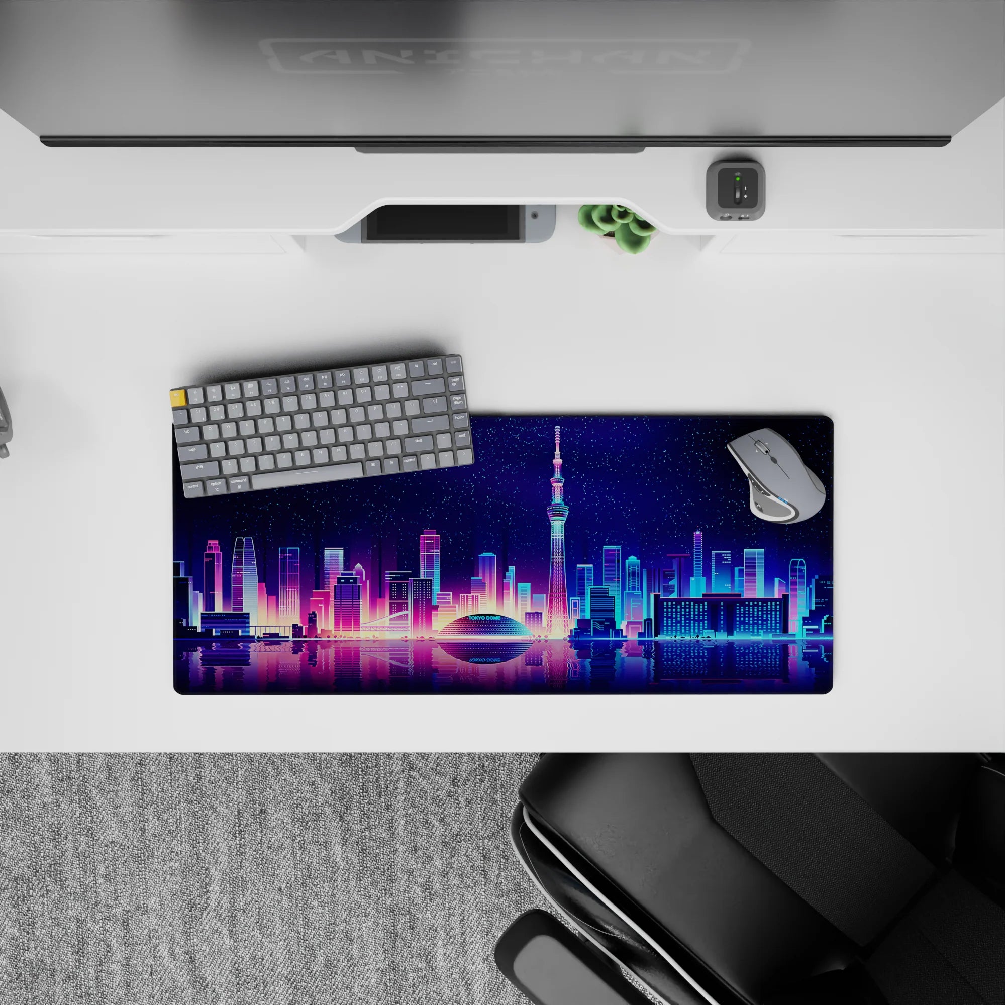 Retrowave - Vaporwave Deskmat | Mousepad | Deskpad - Neon Skyline Reflection - AniChan