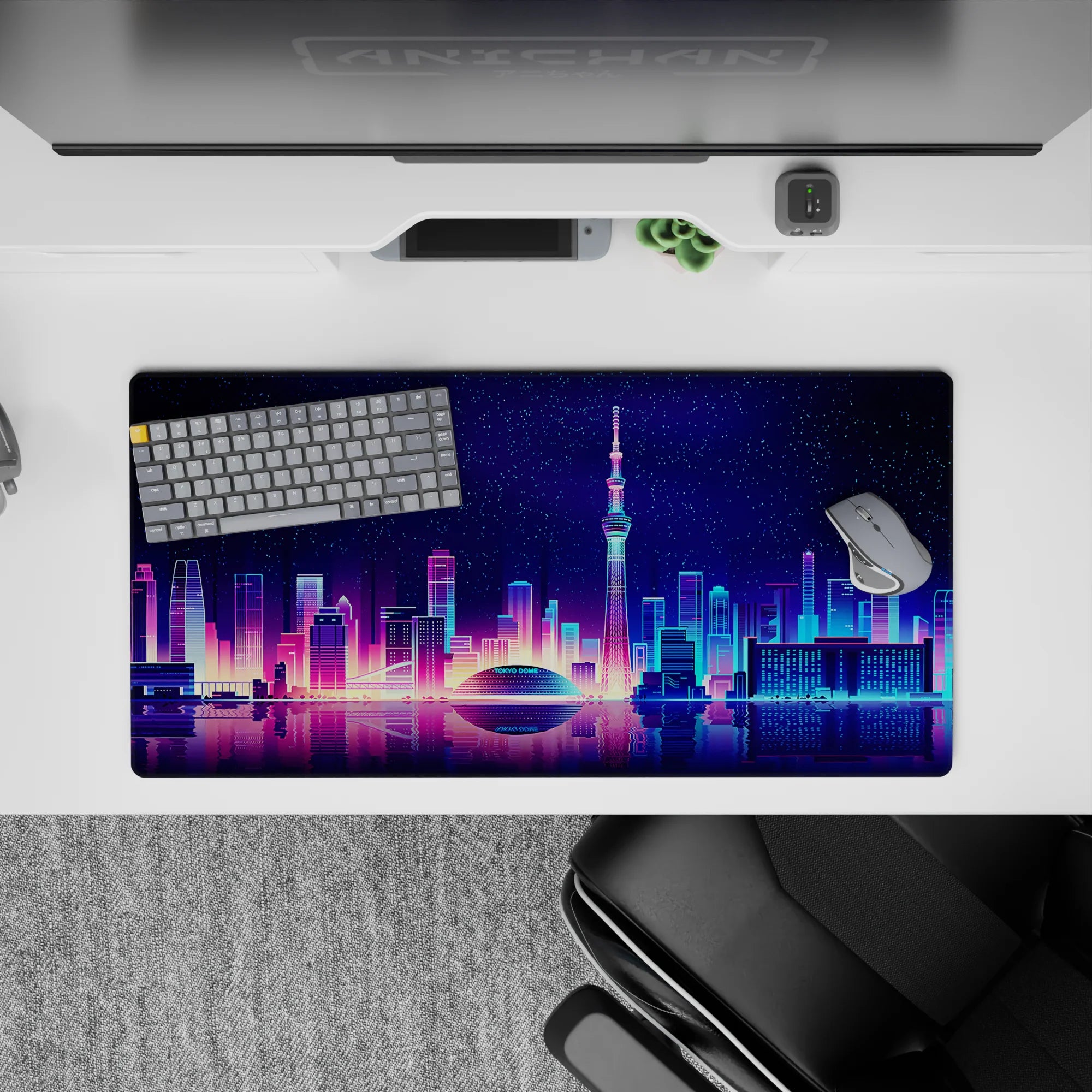 Retrowave - Vaporwave Deskmat | Mousepad | Deskpad - Neon Skyline Reflection - AniChan