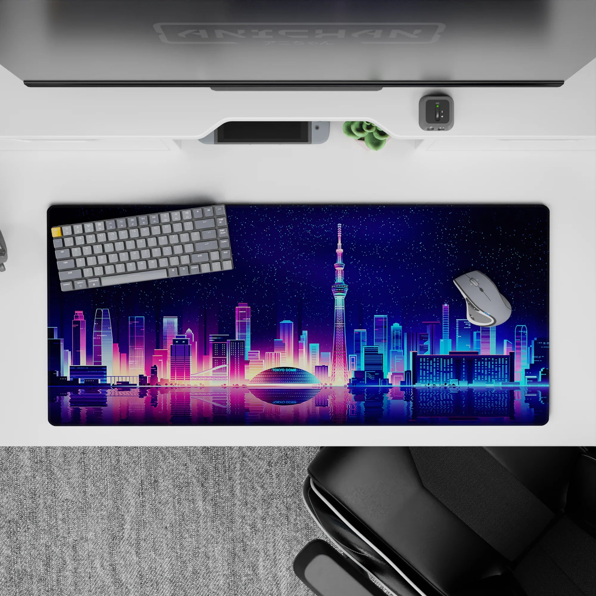 Retrowave - Vaporwave Deskmat | Mousepad | Deskpad - Neon Skyline Reflection - AniChan