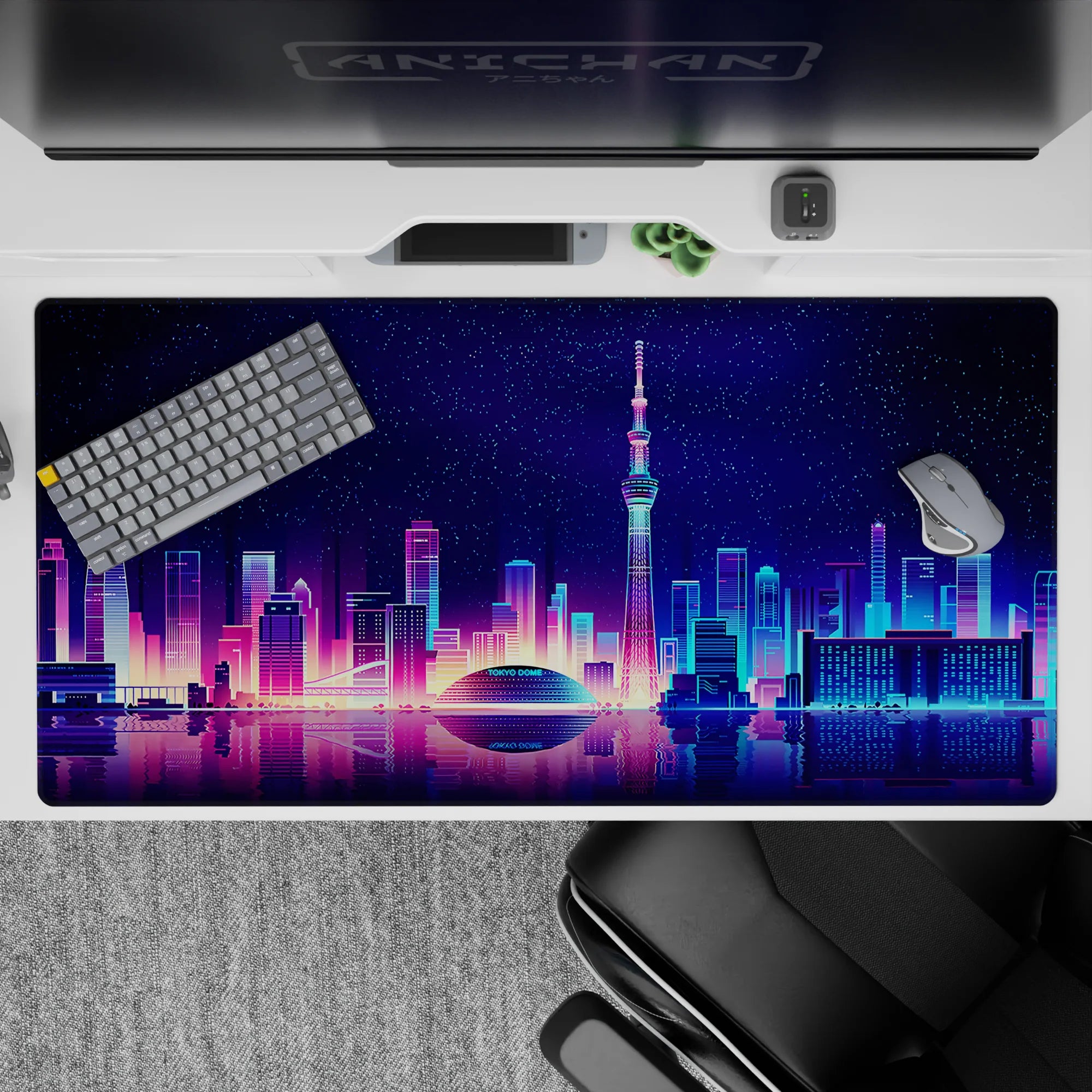 Retrowave - Vaporwave Deskmat | Mousepad | Deskpad - Neon Skyline Reflection - AniChan