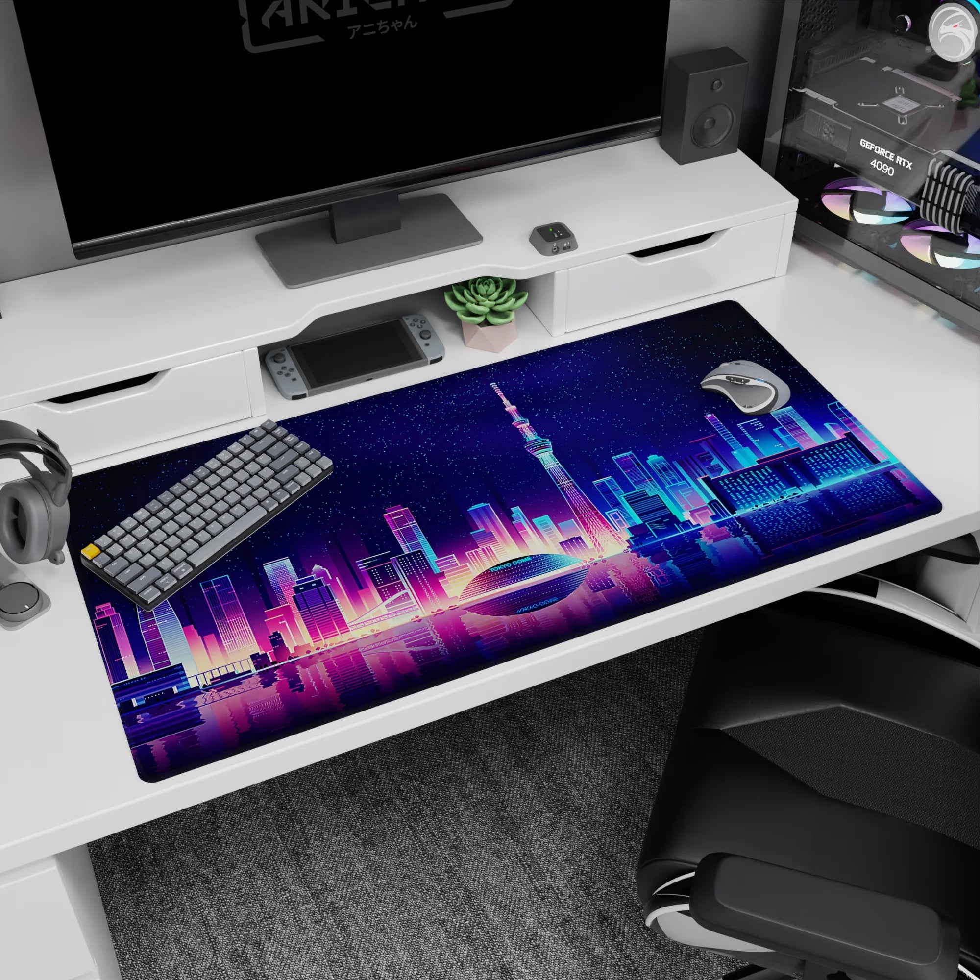 Retrowave - Vaporwave Deskmat | Mousepad | Deskpad - Neon Skyline Reflection - AniChan