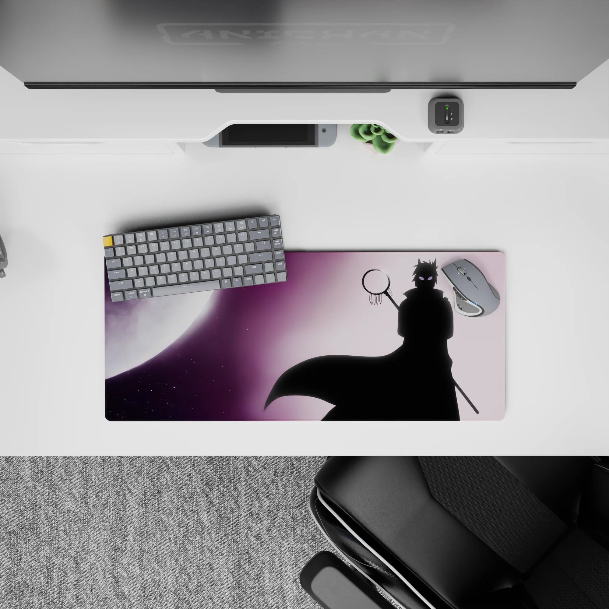 28x12 inches anime mouse pad in deep violet haze with pale moon glow and soft gradients, calm midnight mood.